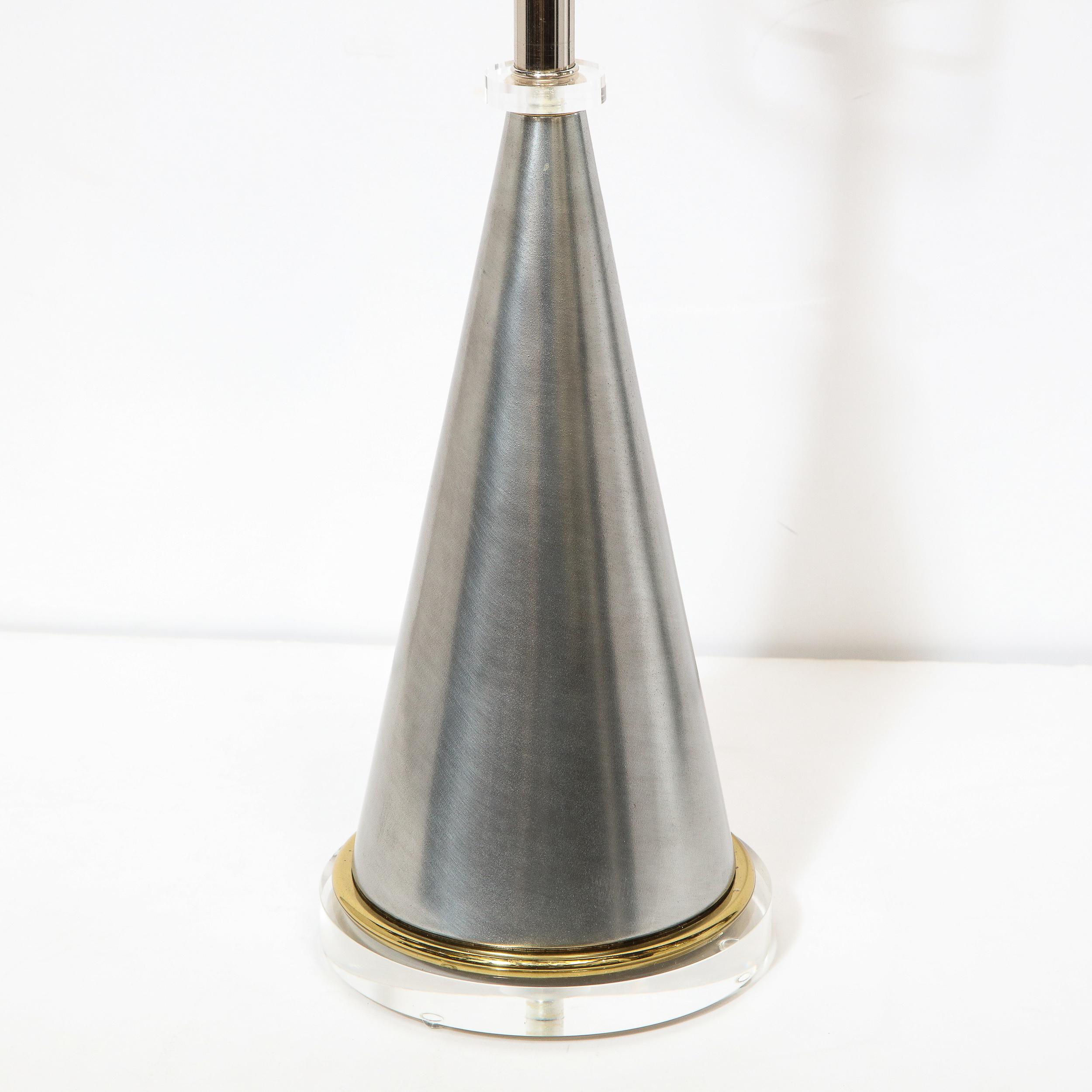 Midcentury Brushed Aluminum, Brass and Translucent Lucite Conical Table Lamps 3