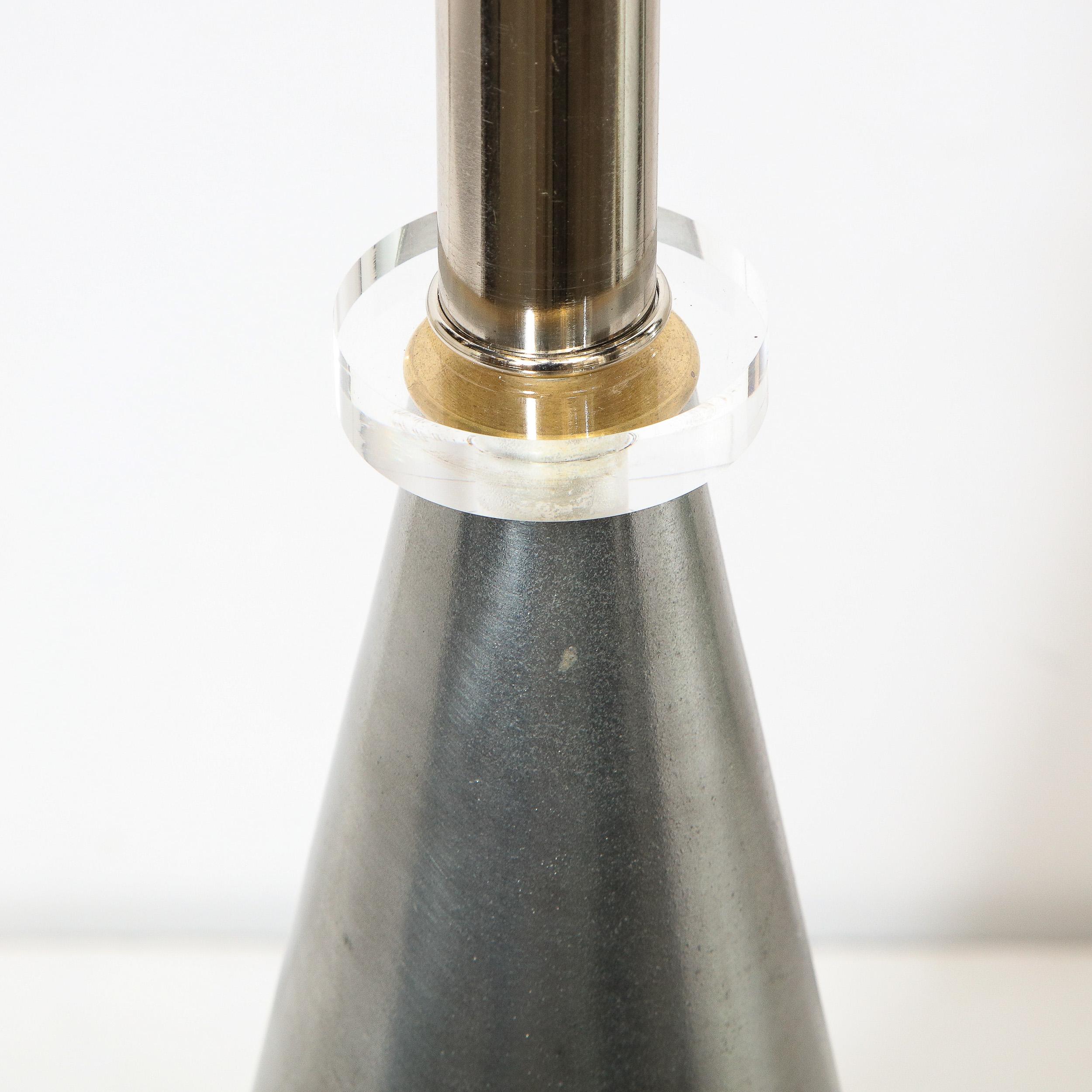 Midcentury Brushed Aluminum, Brass and Translucent Lucite Conical Table Lamps 4