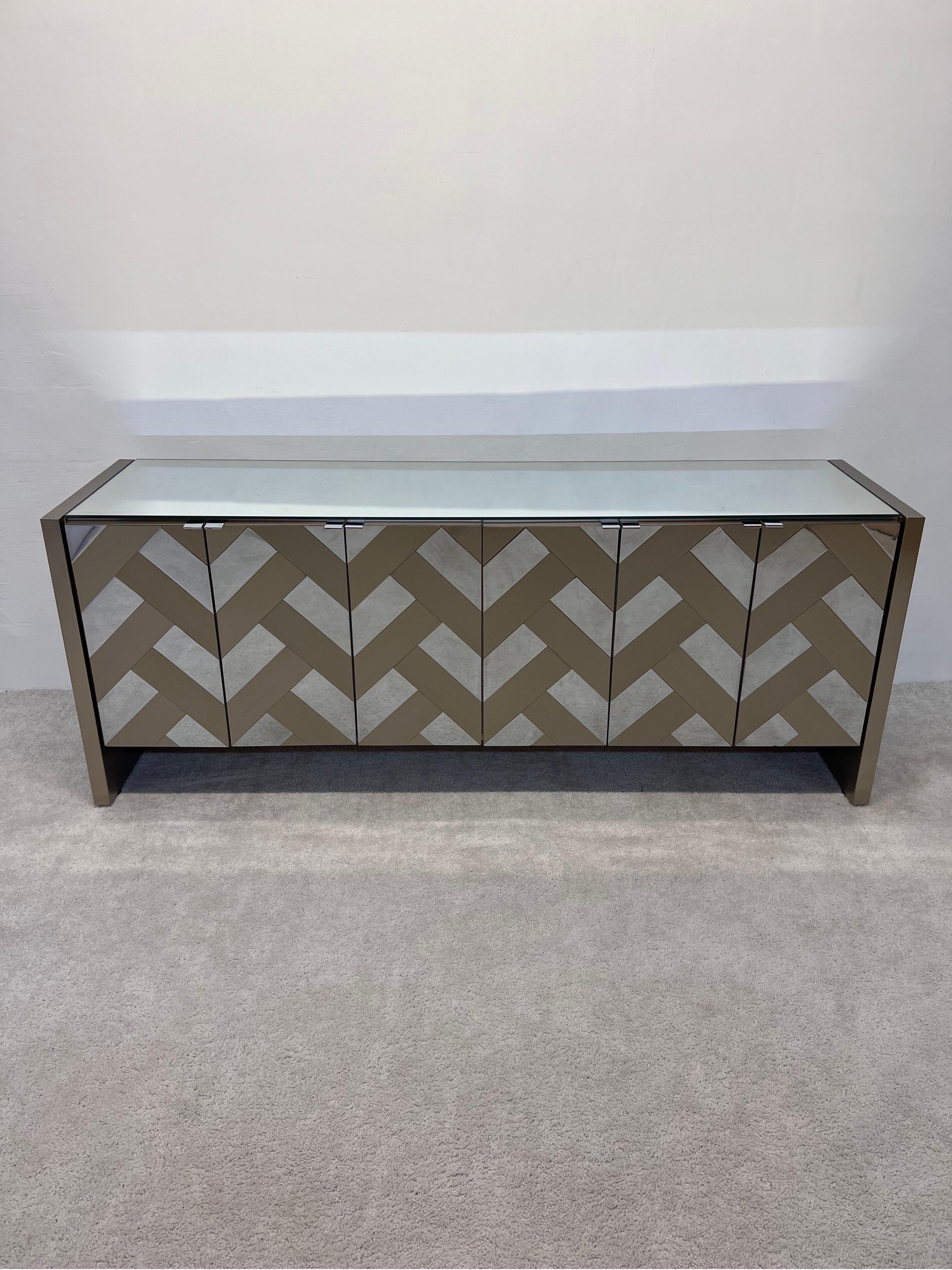 Mid-Century Brushed Bronze and Chrome Finish Credenza with Mirrored Top by Ello For Sale 10