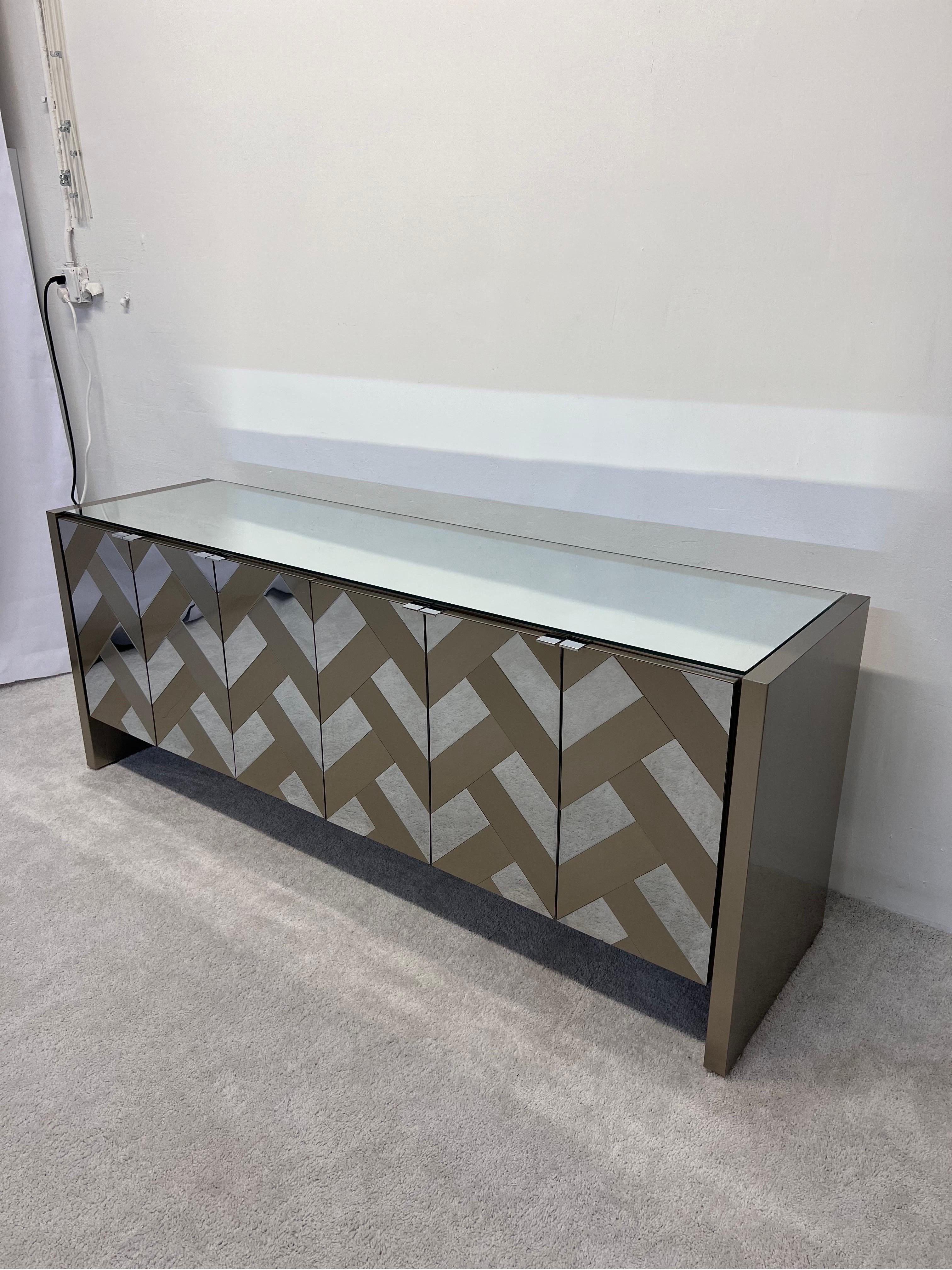 Mid-Century Modern Mid-Century Brushed Bronze and Chrome Finish Credenza with Mirrored Top by Ello For Sale