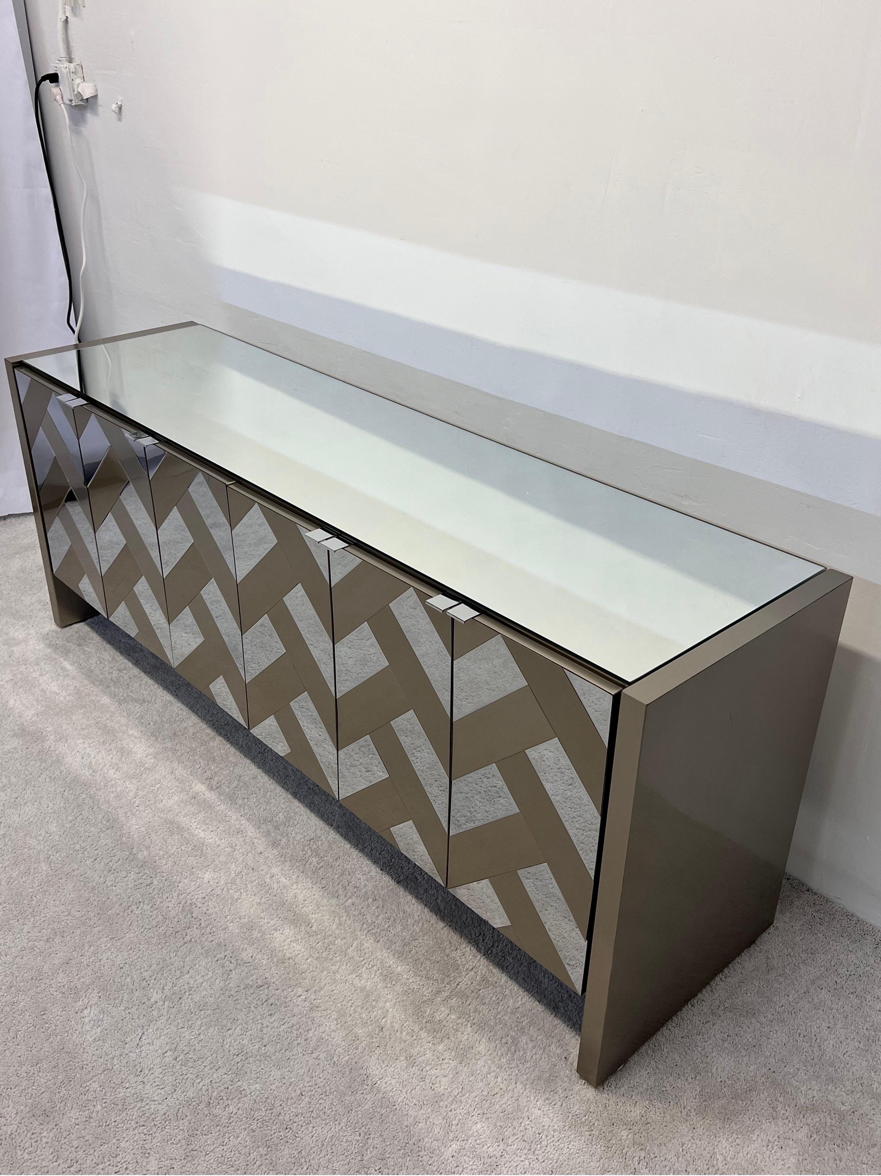 American Mid-Century Brushed Bronze and Chrome Finish Credenza with Mirrored Top by Ello For Sale