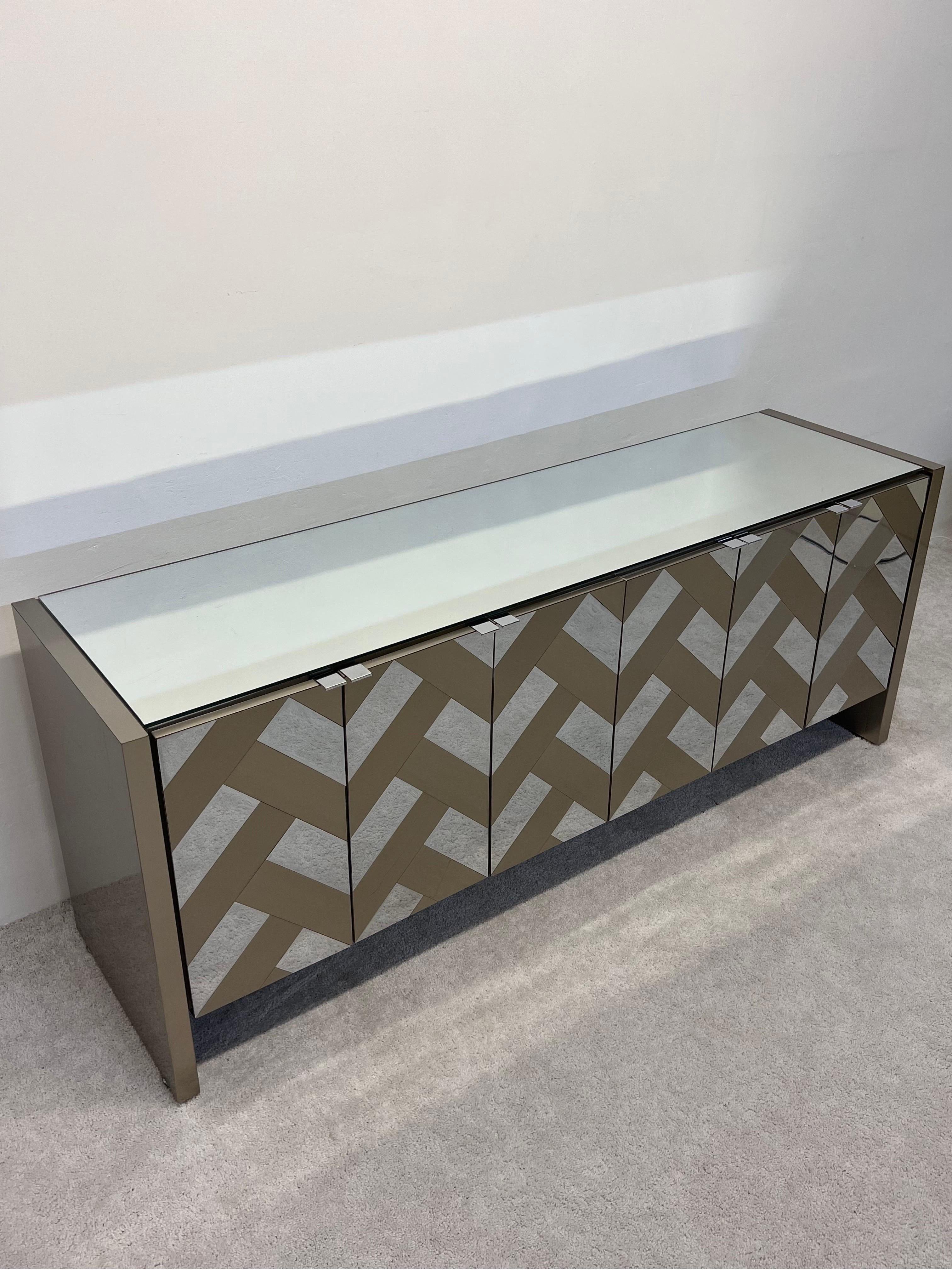 Mid-Century Brushed Bronze and Chrome Finish Credenza with Mirrored Top by Ello In Good Condition In Miami, FL