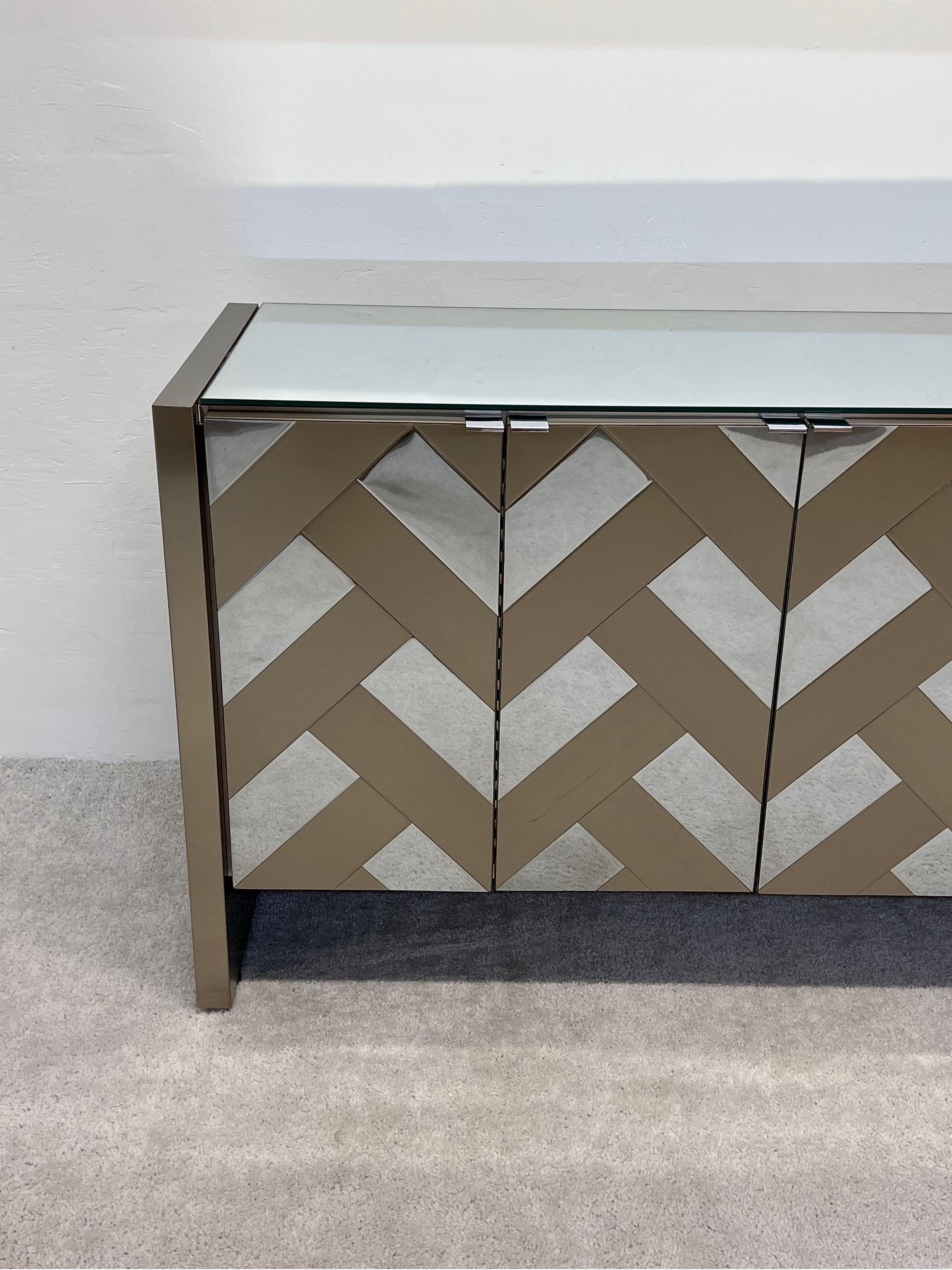 20th Century Mid-Century Brushed Bronze and Chrome Finish Credenza with Mirrored Top by Ello For Sale
