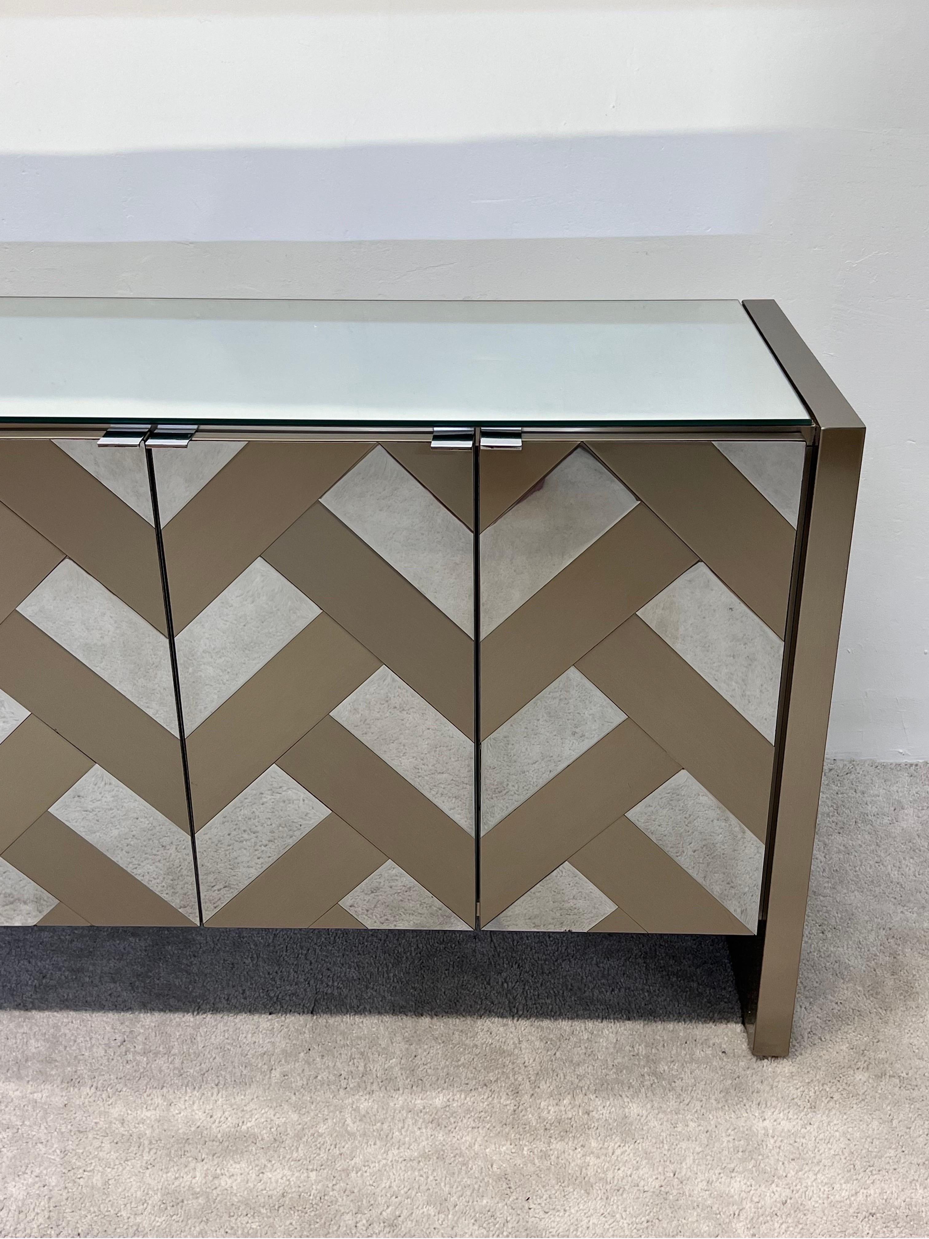 Mid-Century Brushed Bronze and Chrome Finish Credenza with Mirrored Top by Ello For Sale 2