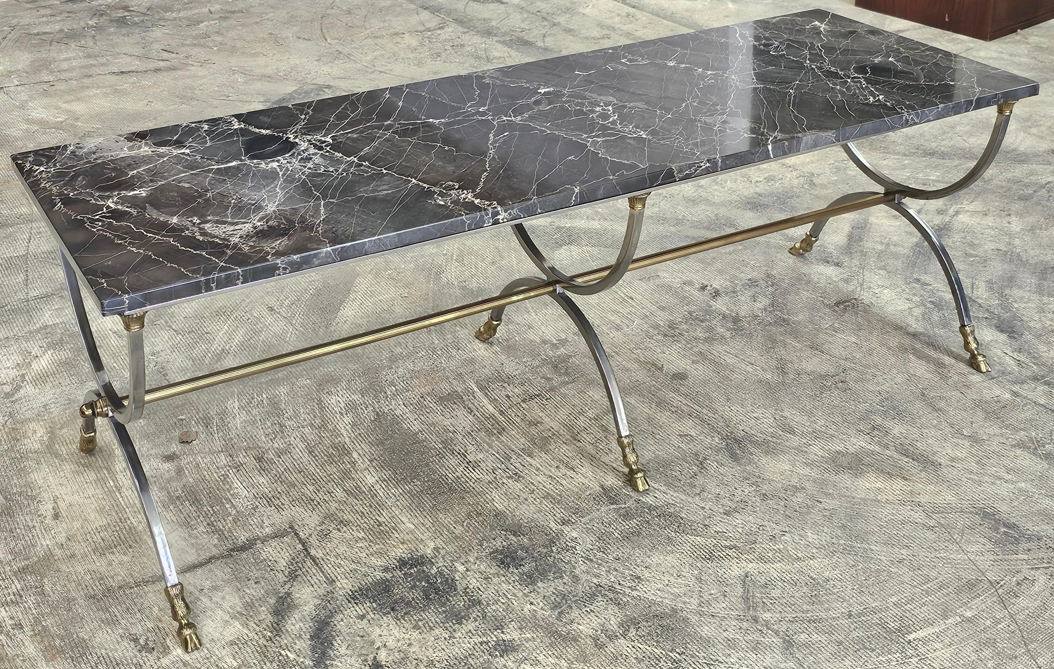 Mid-Century Modern Mid-Century Brushed Metal and Brass Goat Feet Nebel Marble Top Coffee Table For Sale