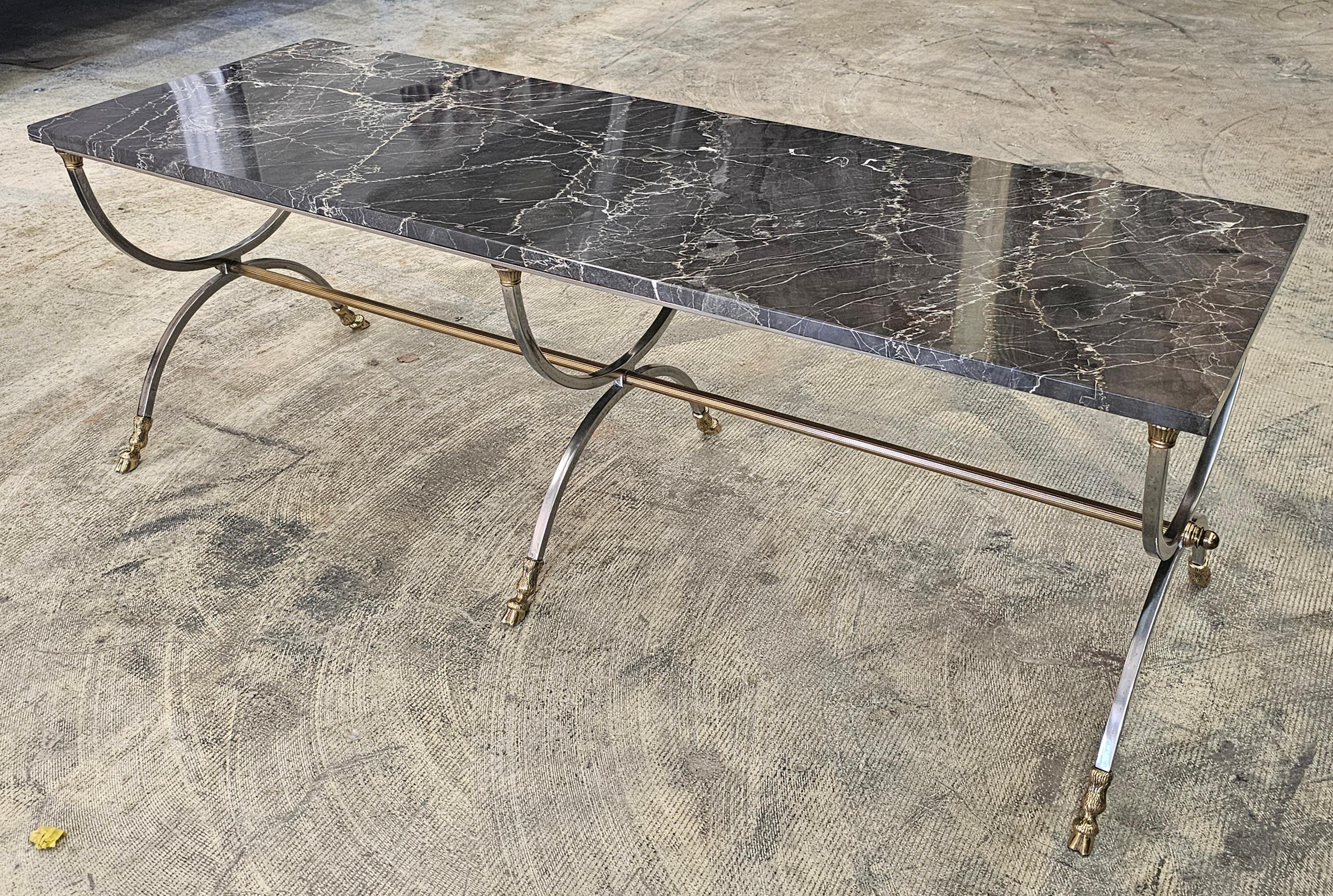 American Mid-Century Brushed Metal and Brass Goat Feet Nebel Marble Top Coffee Table For Sale