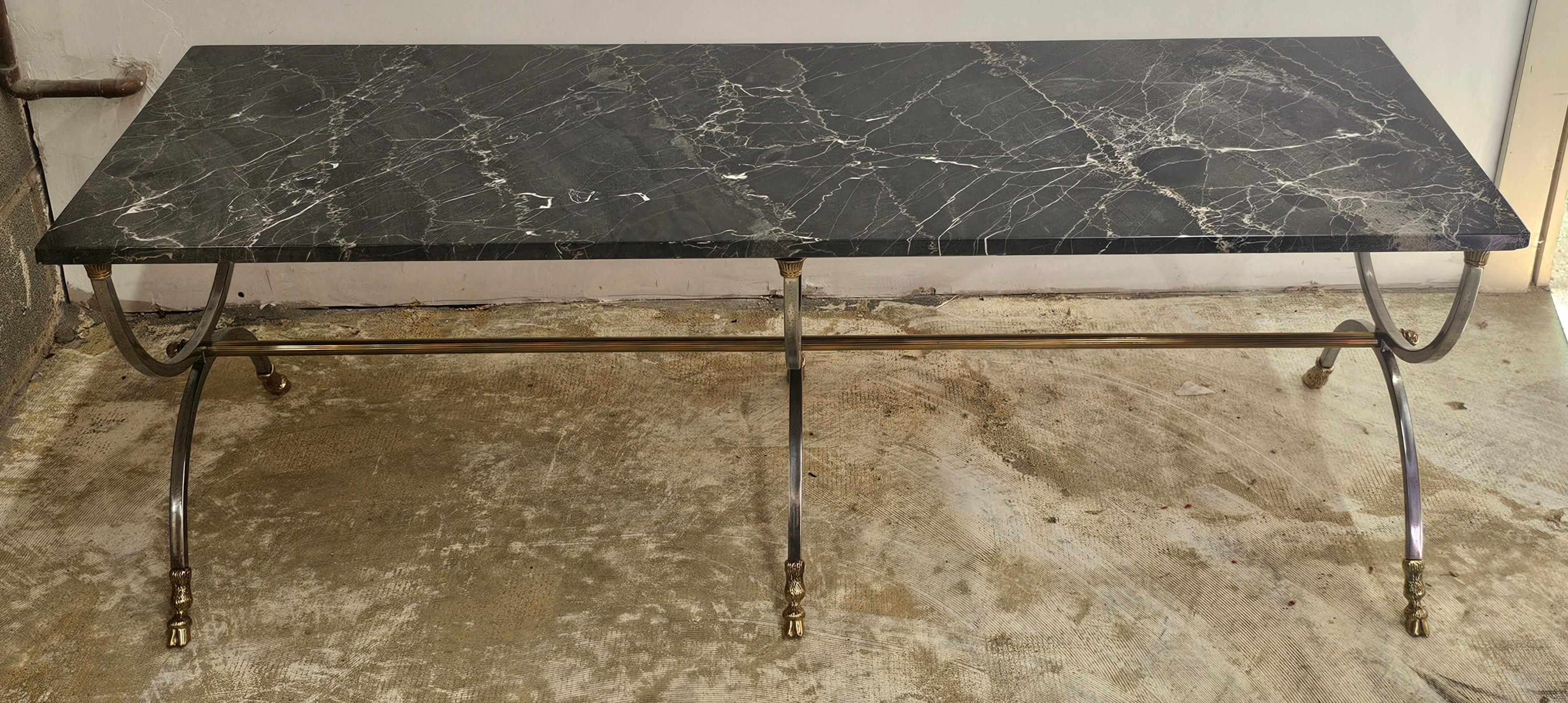 Other Mid-Century Brushed Metal and Brass Goat Feet Nebel Marble Top Coffee Table For Sale
