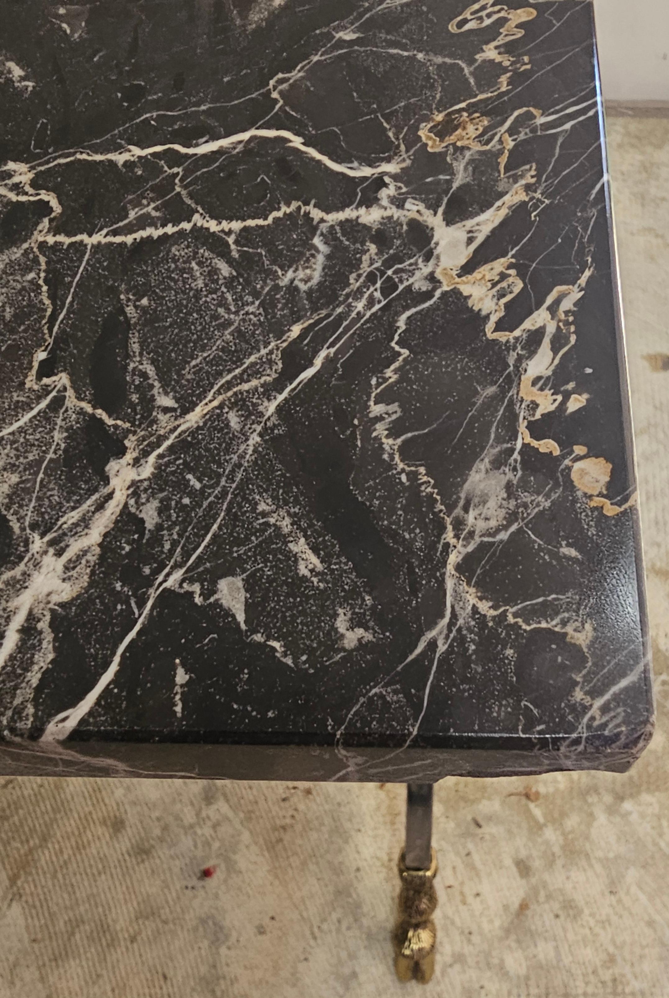 Mid-Century Brushed Metal and Brass Goat Feet Nebel Marble Top Coffee Table For Sale 1