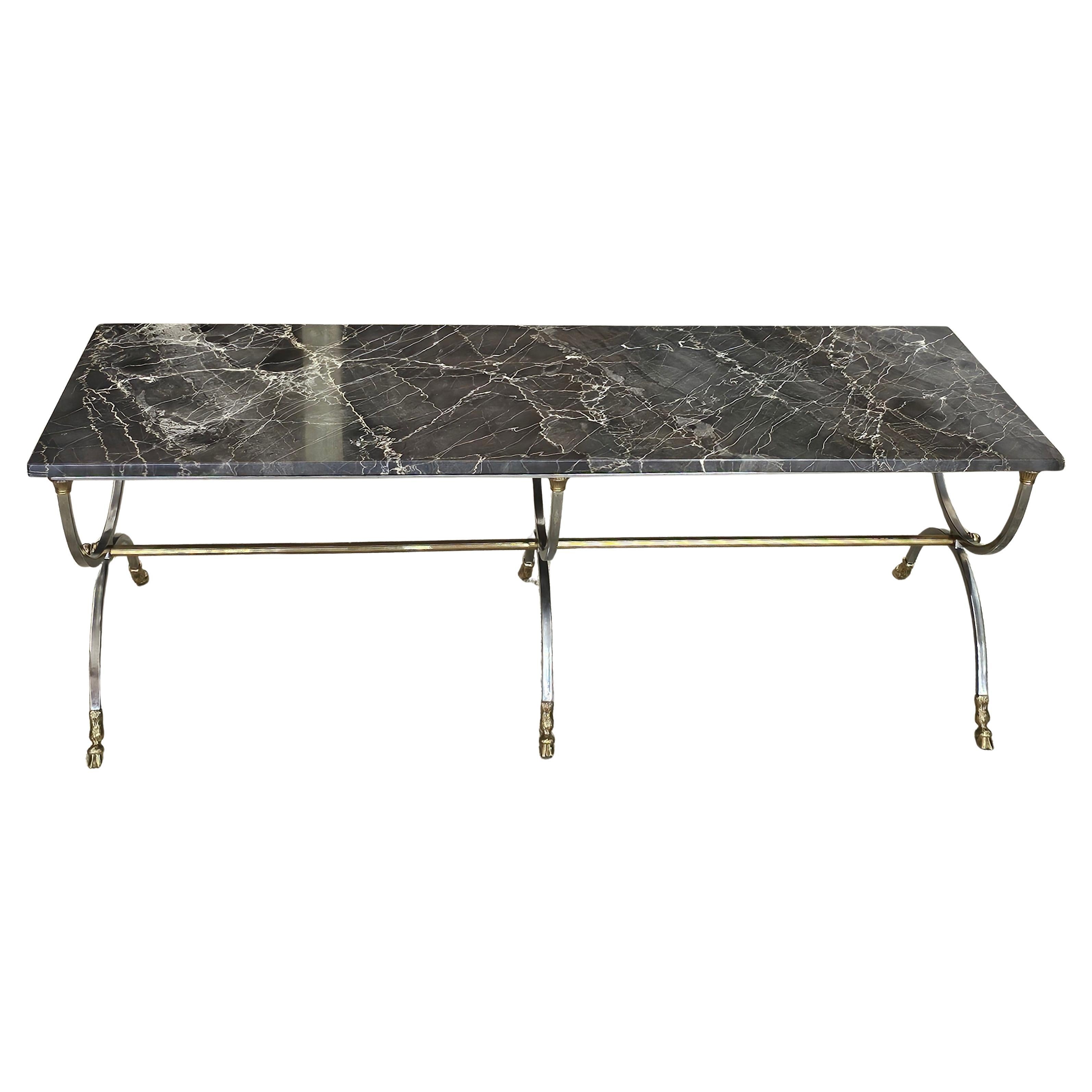 Mid-Century Brushed Metal and Brass Goat Feet Nebel Marble Top Coffee Table For Sale