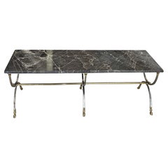 Mesa de centro de mediados de siglo de metal cepillado y patas de cabra de latón con tapa de mármol Nebel