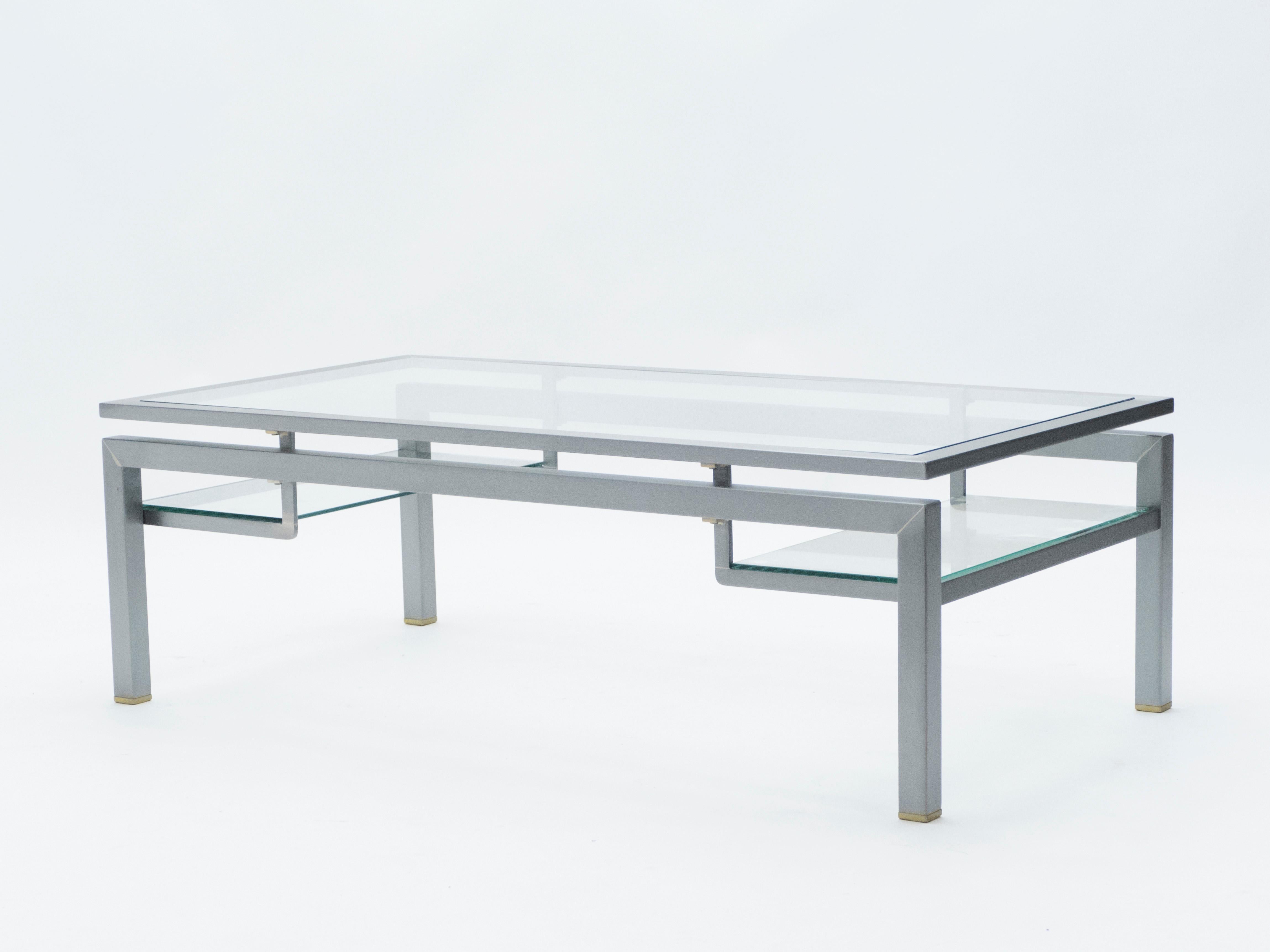 Mid-Century Modern Mid-Century Brushed Steel Brass Coffee Table by Guy Lefevre for Maison Jansen 70 For Sale