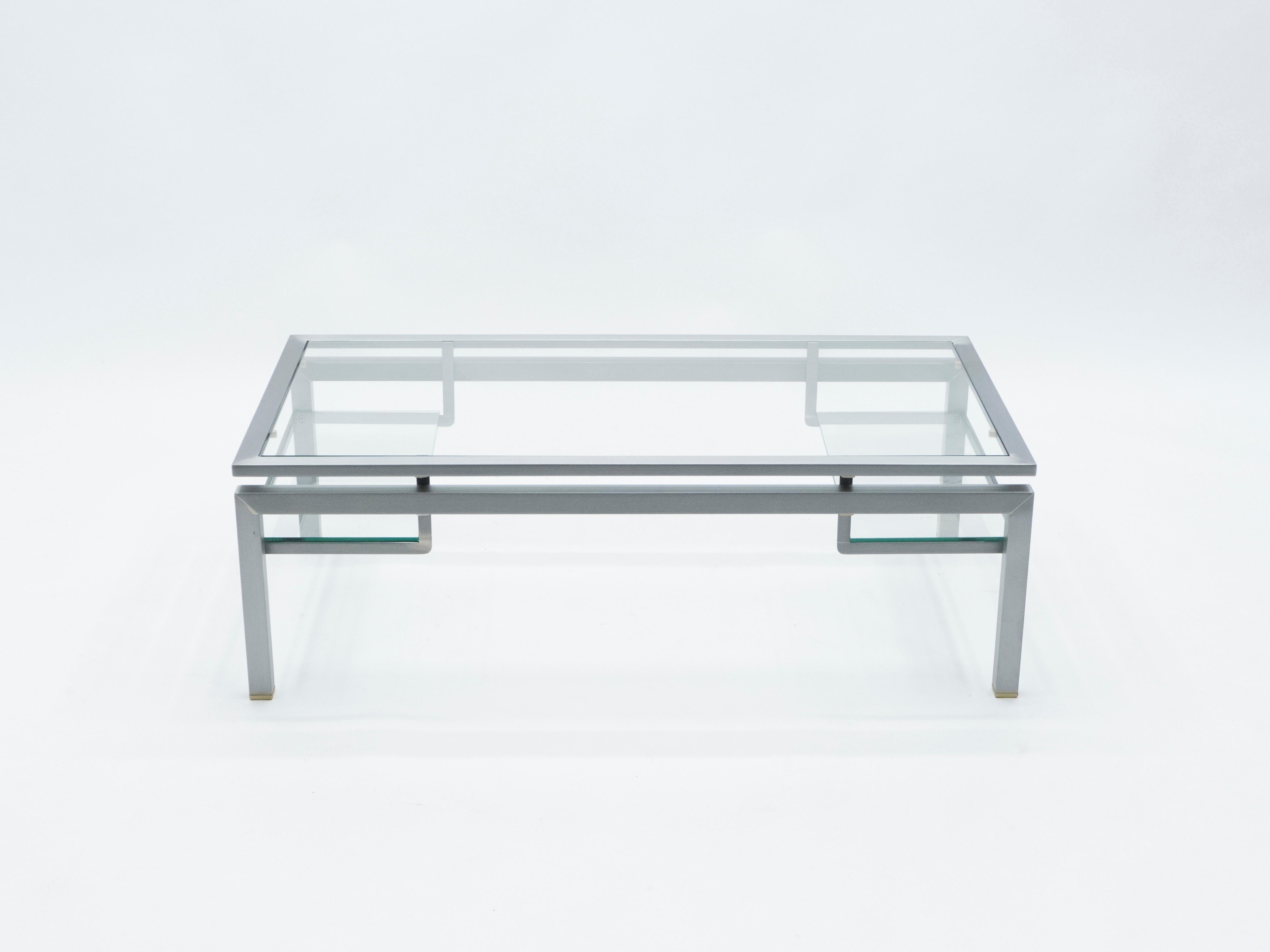 French Mid-Century Brushed Steel Brass Coffee Table by Guy Lefevre for Maison Jansen 70 For Sale