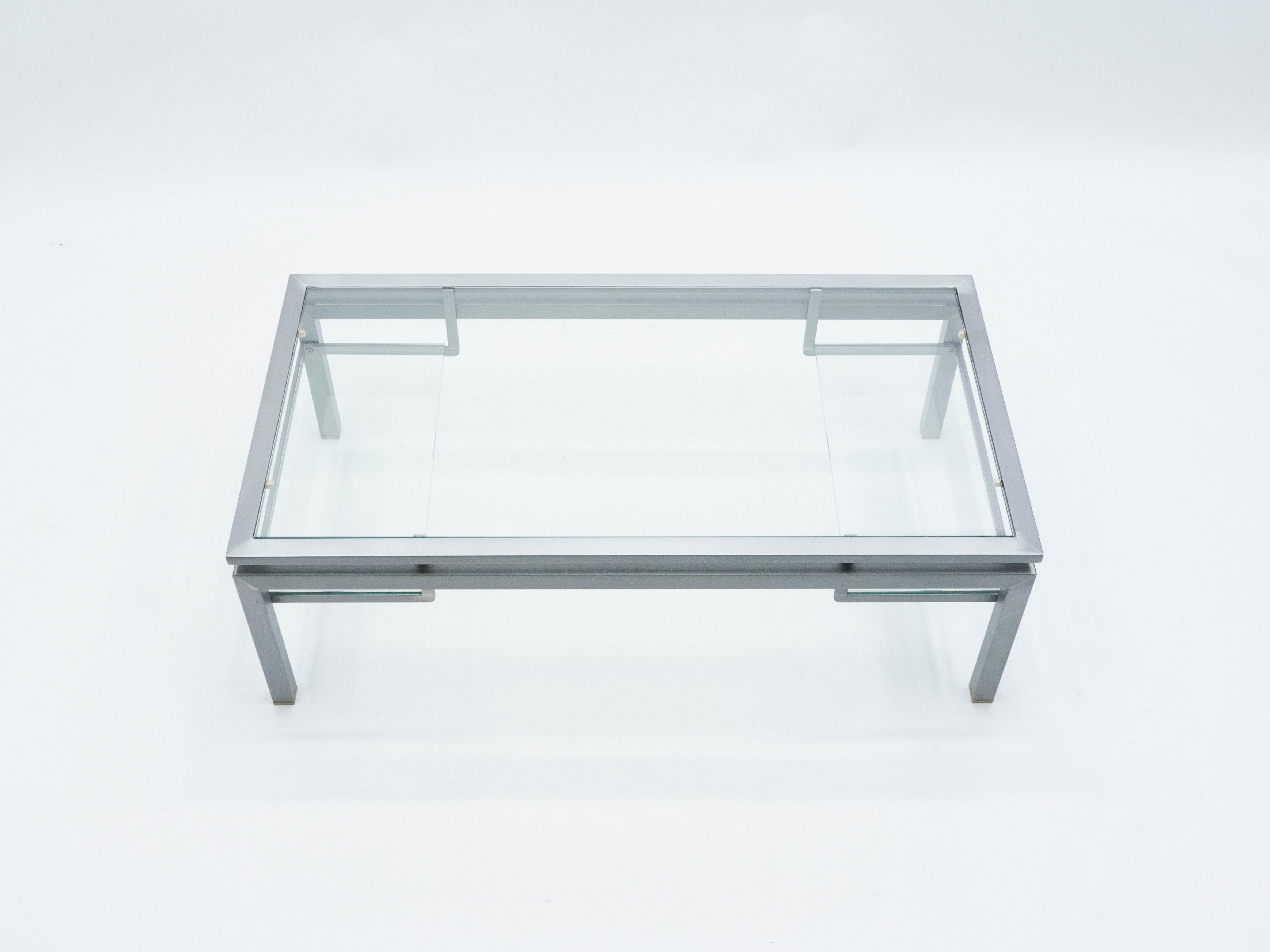 Mid-Century Brushed Steel Brass Coffee Table by Guy Lefevre for Maison Jansen 70 In Good Condition For Sale In Paris, IDF