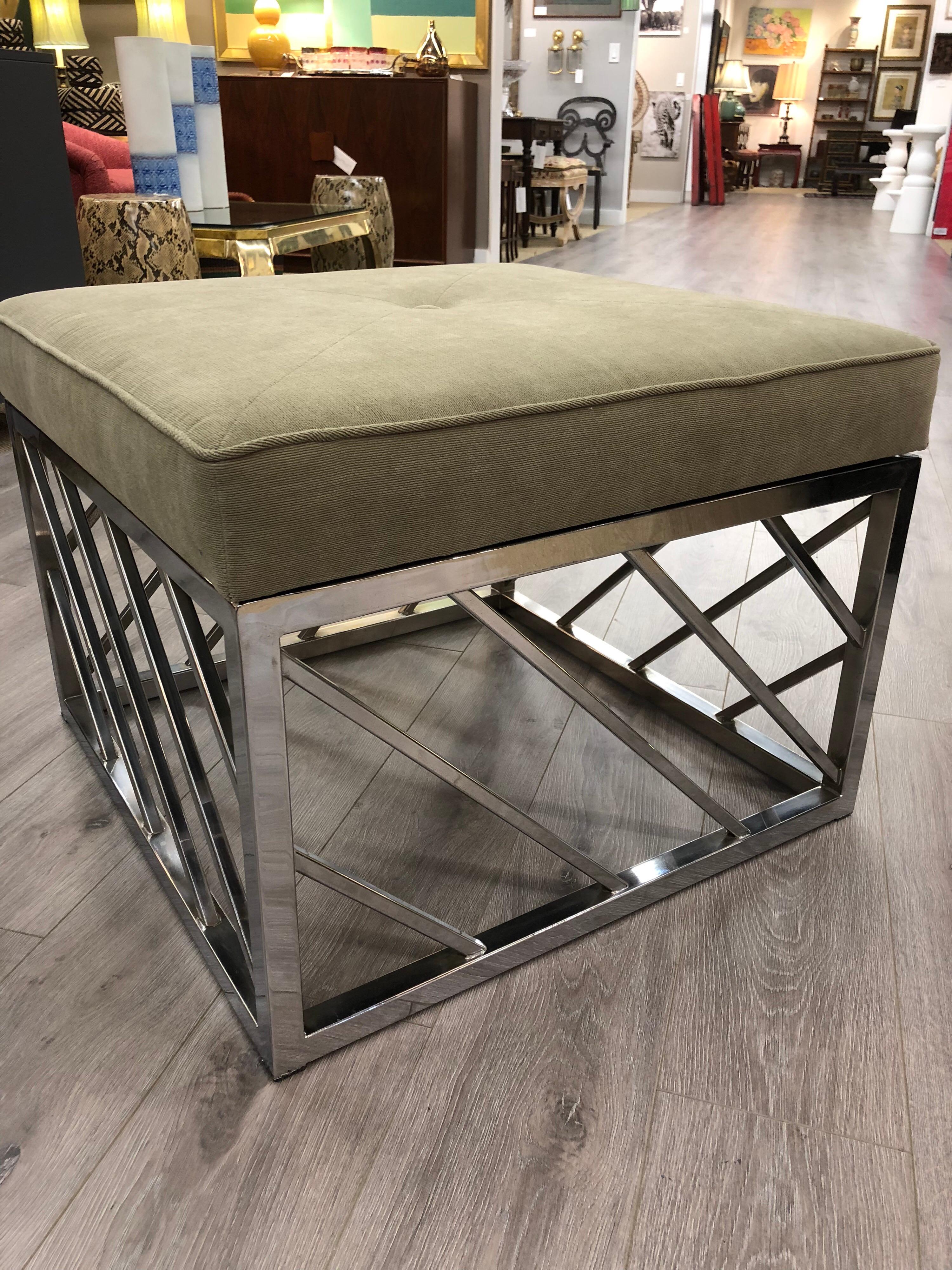 Square brushed steel midcentury bench with newly upholstered top with welting and single button. Would also make great coffee table with tray added on top. New upholstered top. Can be boxed and shipped through UPS. Price depends on location.