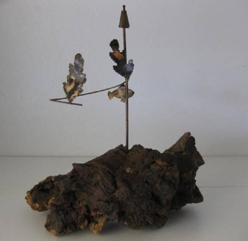 Midcentury Brutalist Metal and Wood Scuba Diver and Shark Kinetic Sculpture 4