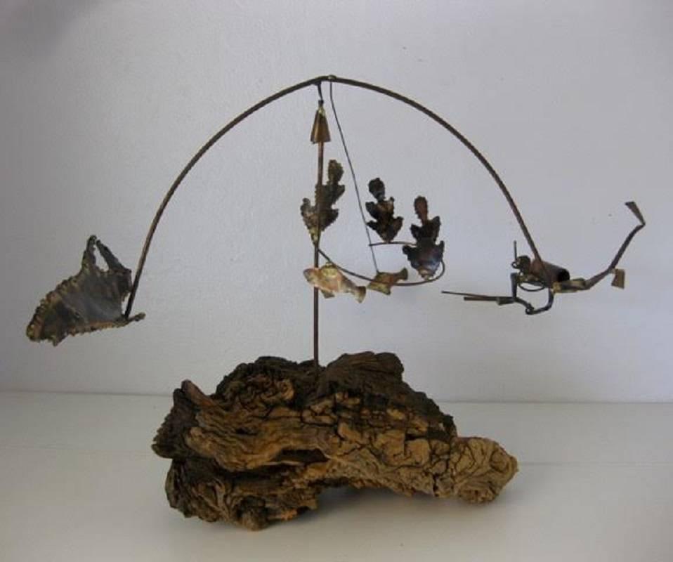 Mid-Century Modern Midcentury Brutalist Metal and Wood Scuba Diver and Shark Kinetic Sculpture