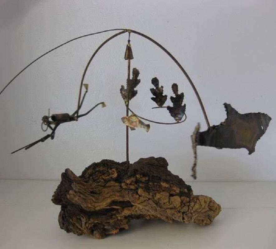 Patinated Midcentury Brutalist Metal and Wood Scuba Diver and Shark Kinetic Sculpture