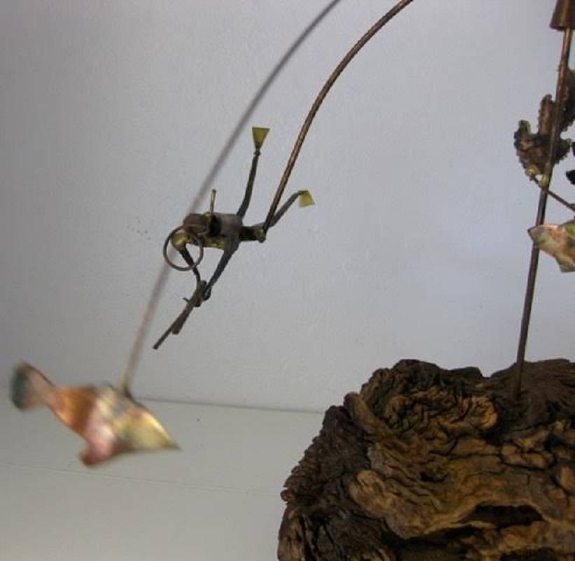 Midcentury Brutalist Metal and Wood Scuba Diver and Shark Kinetic Sculpture In Excellent Condition In Sacramento, CA