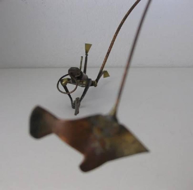 20th Century Midcentury Brutalist Metal and Wood Scuba Diver and Shark Kinetic Sculpture