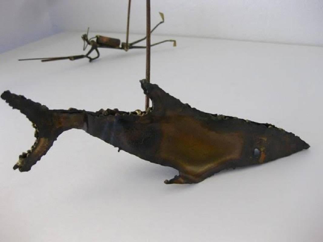 Brass Midcentury Brutalist Metal and Wood Scuba Diver and Shark Kinetic Sculpture