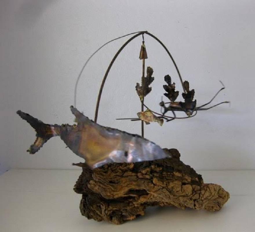 Midcentury Brutalist Metal and Wood Scuba Diver and Shark Kinetic Sculpture 1