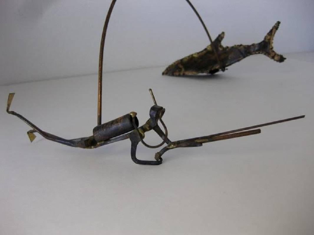 Midcentury Brutalist Metal and Wood Scuba Diver and Shark Kinetic Sculpture 2