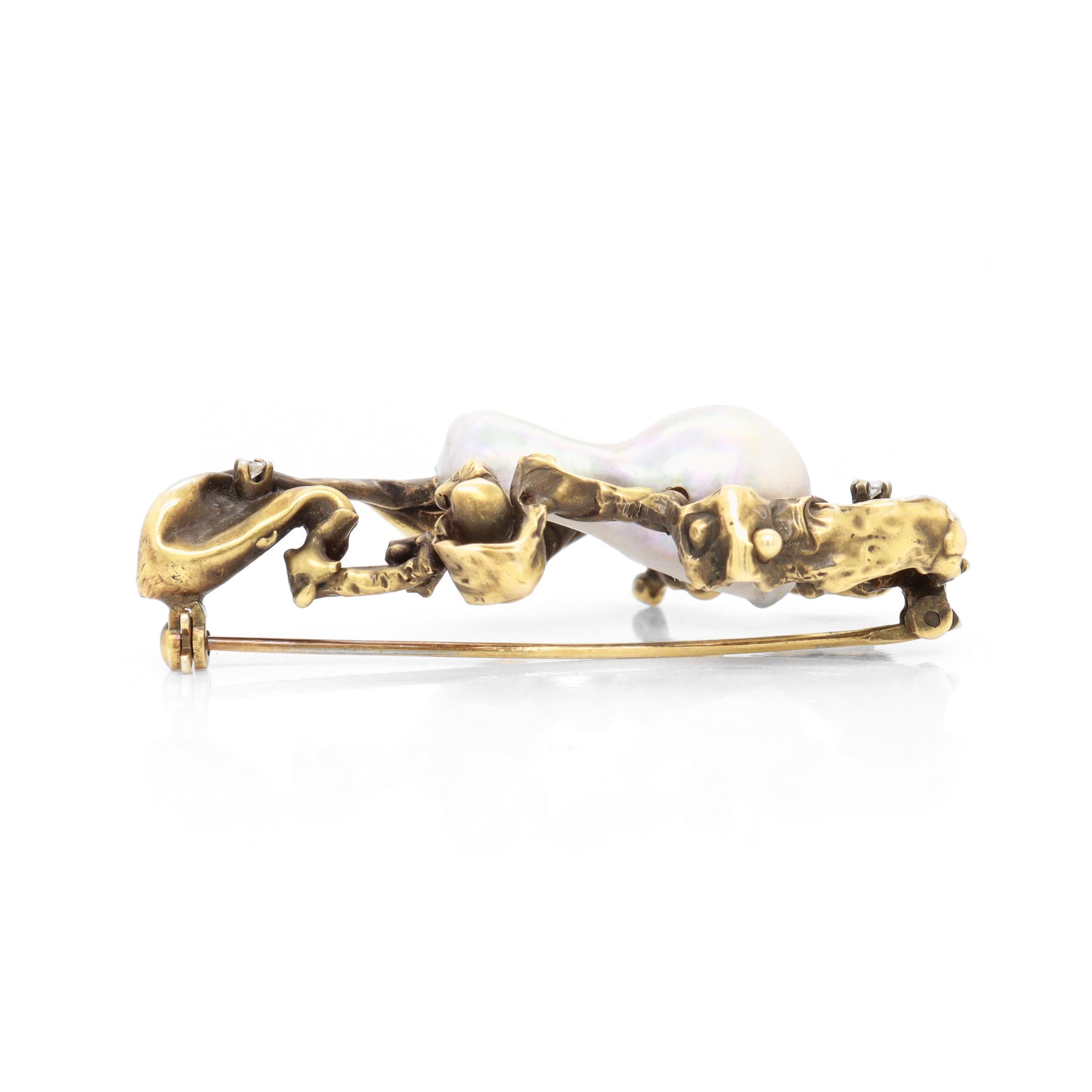 Brutalistische Brosche aus der Jahrhundertmitte aus 14k Gold, Diamanten und großen grauen Barockperlen im Angebot 4