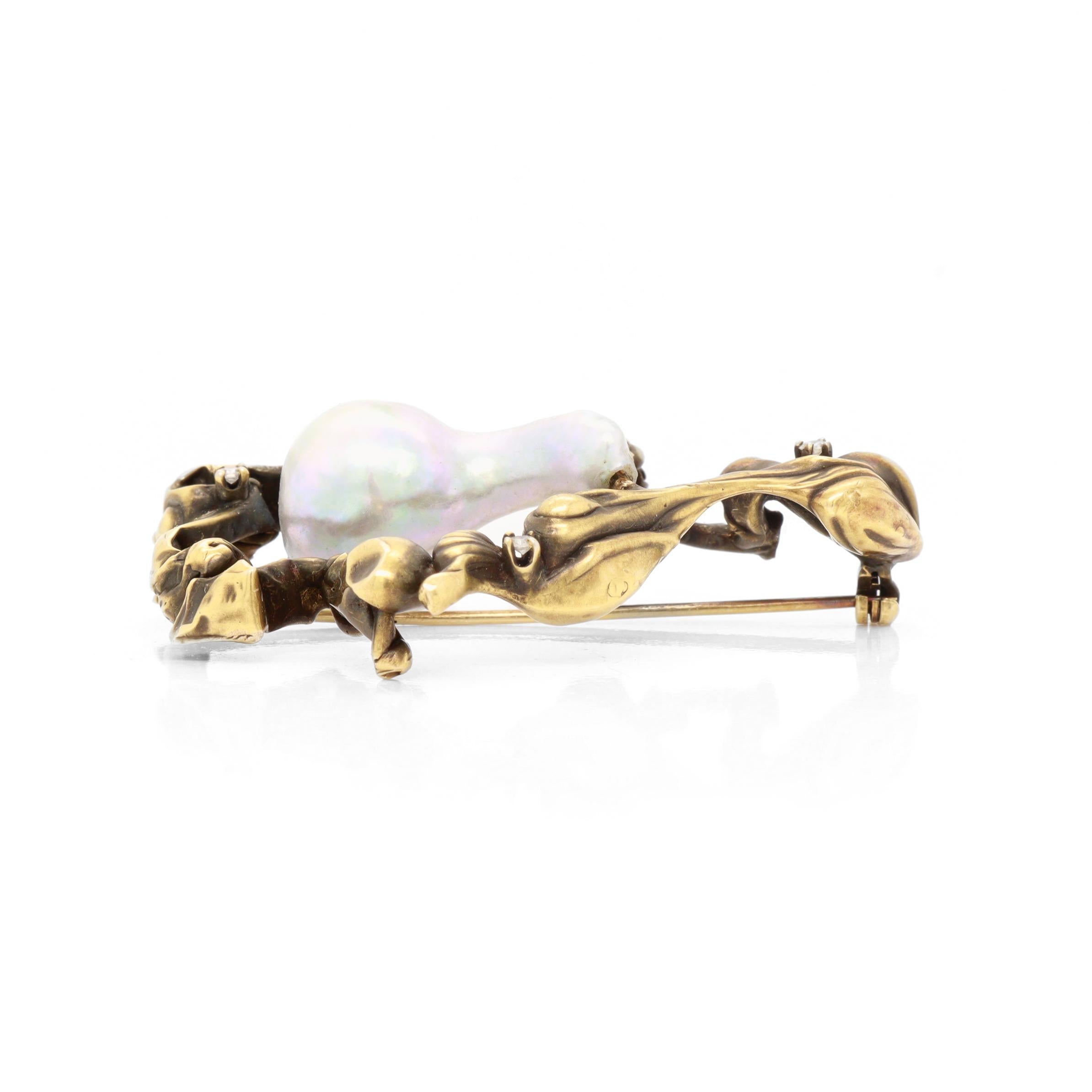 Brutalistische Brosche aus der Jahrhundertmitte aus 14k Gold, Diamanten und großen grauen Barockperlen im Angebot 6