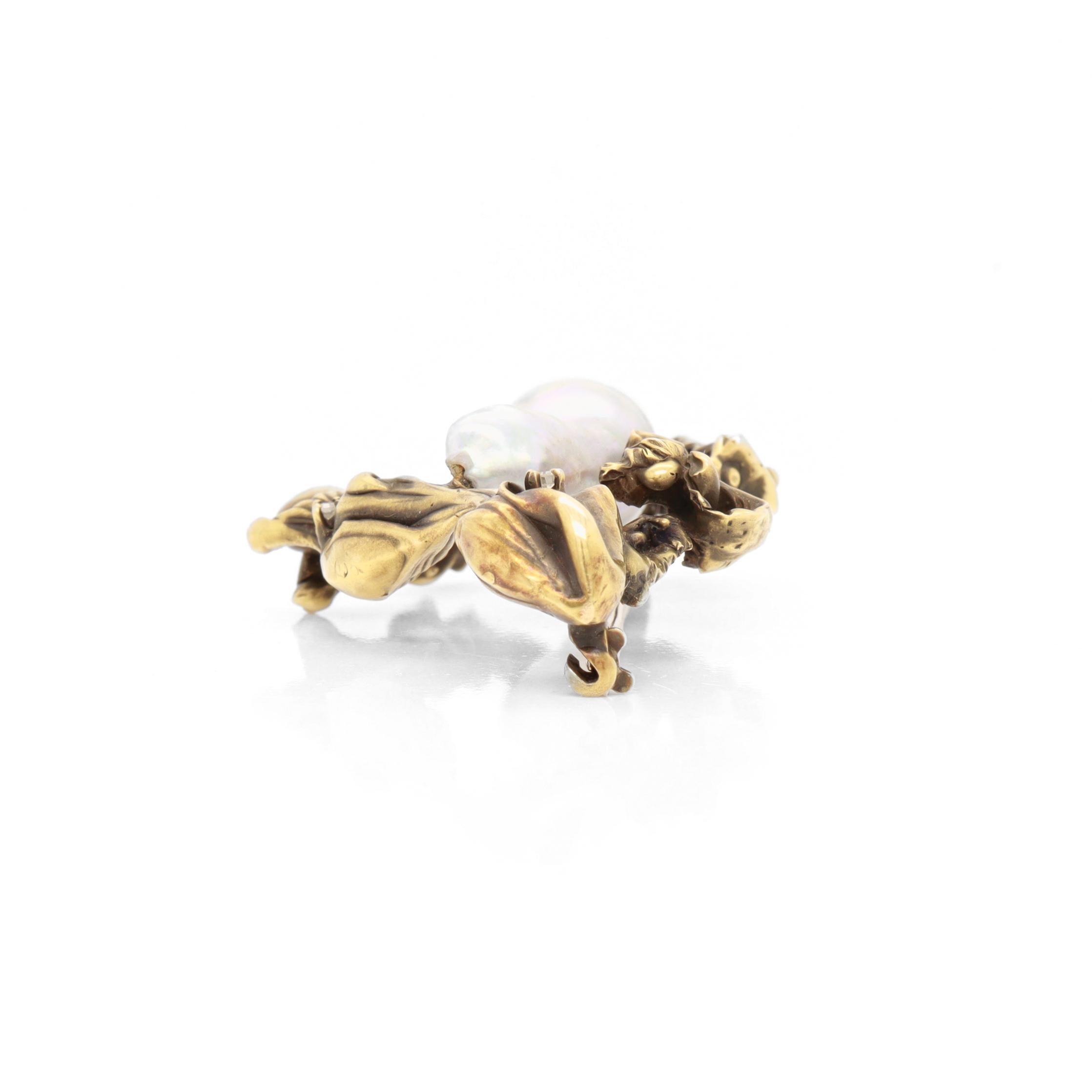 Brutalistische Brosche aus der Jahrhundertmitte aus 14k Gold, Diamanten und großen grauen Barockperlen im Angebot 7