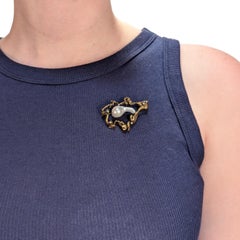 Mid-Century Brutalist 14k Gold, Diamond, and Large Grey Baroque Pearl Brooch