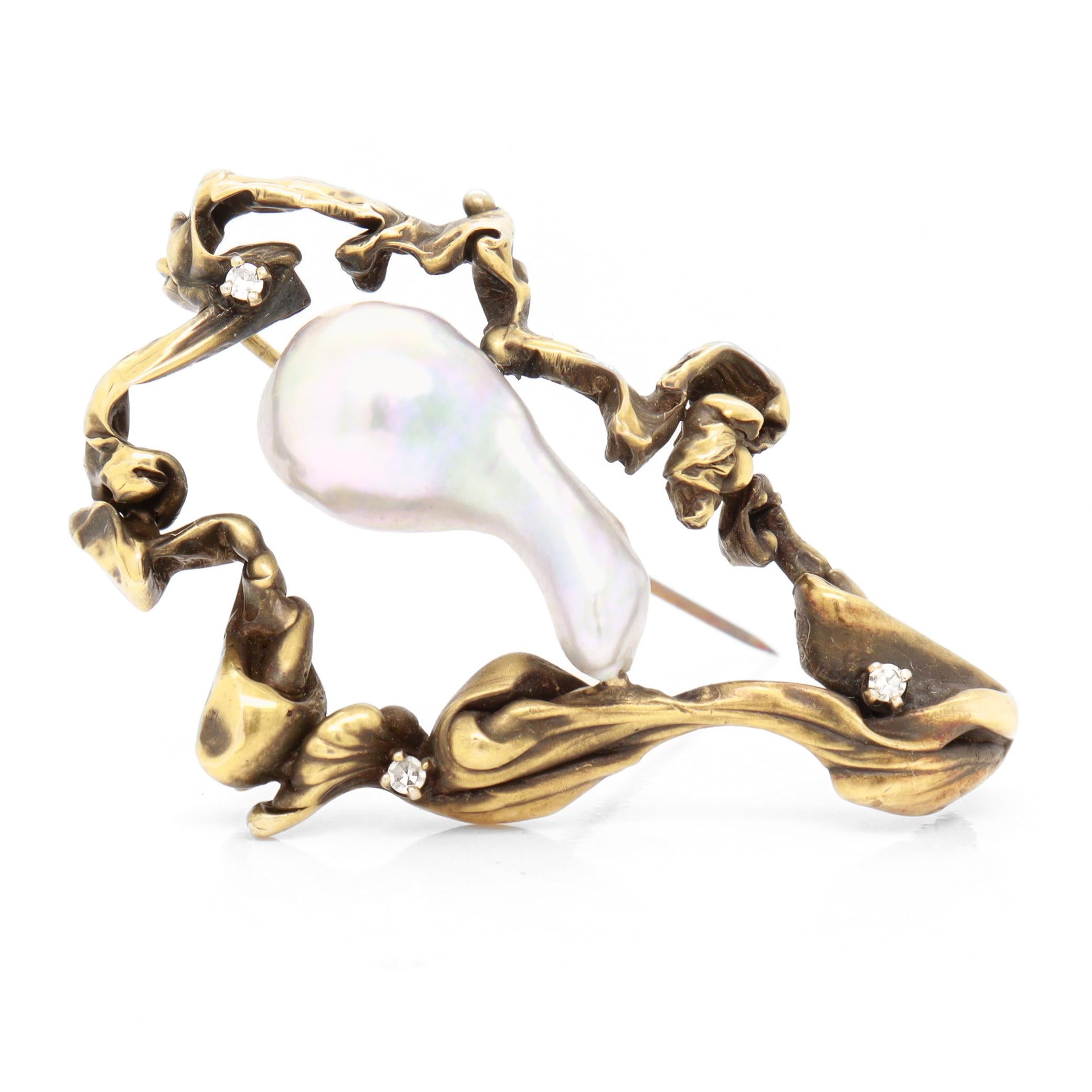 Brutalistische Brosche aus der Jahrhundertmitte aus 14k Gold, Diamanten und großen grauen Barockperlen im Angebot 2