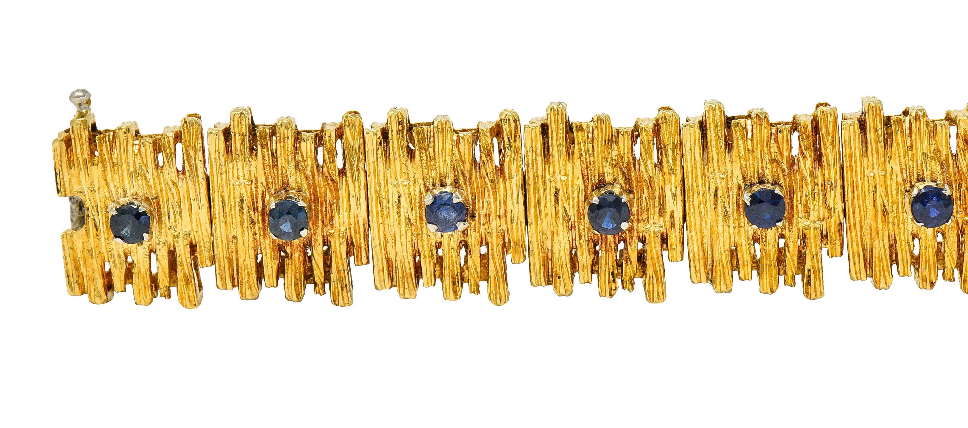 Mid-Century Brutalist 18 Karat Yellow Gold Sapphire Link Bracelet In Excellent Condition In Philadelphia, PA