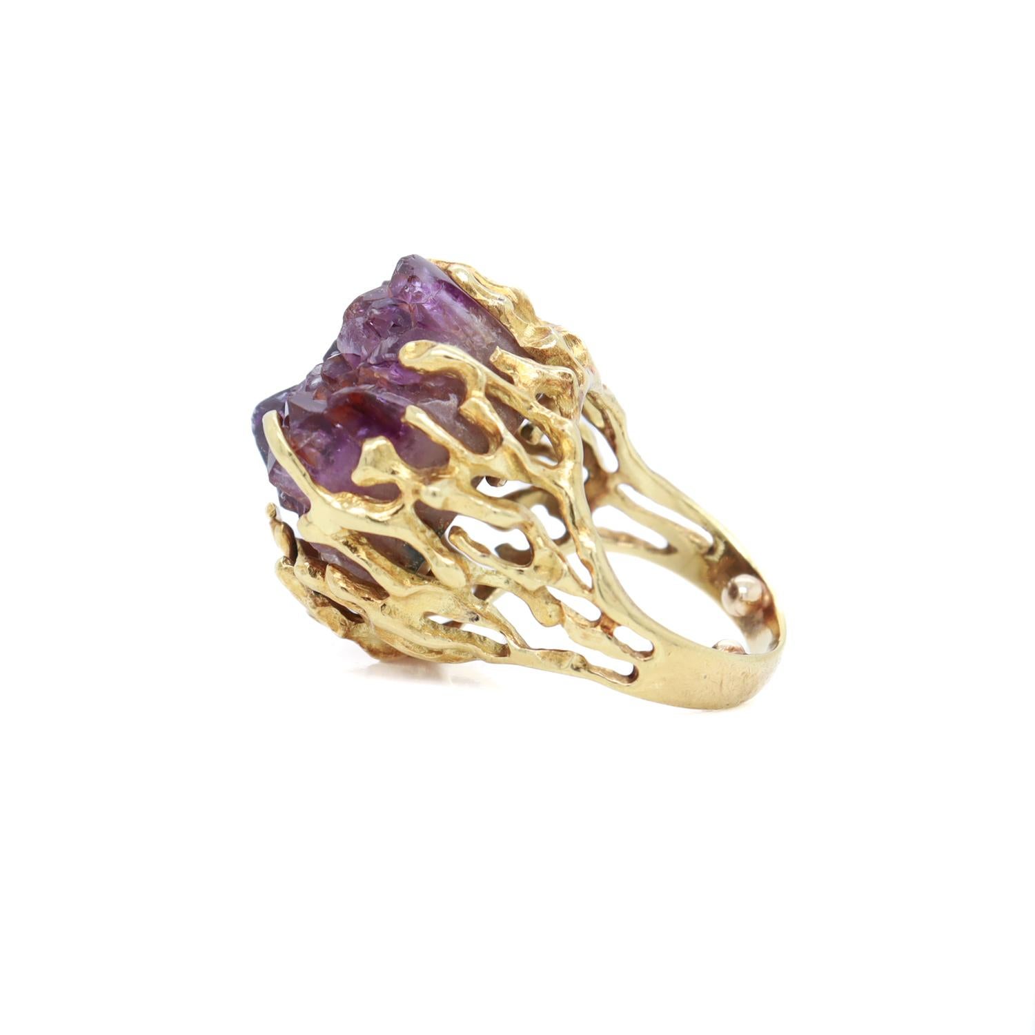 Women's Mid-Century Brutalist 18K Gold & Druzy Amethyst Cocktail Ring For Sale