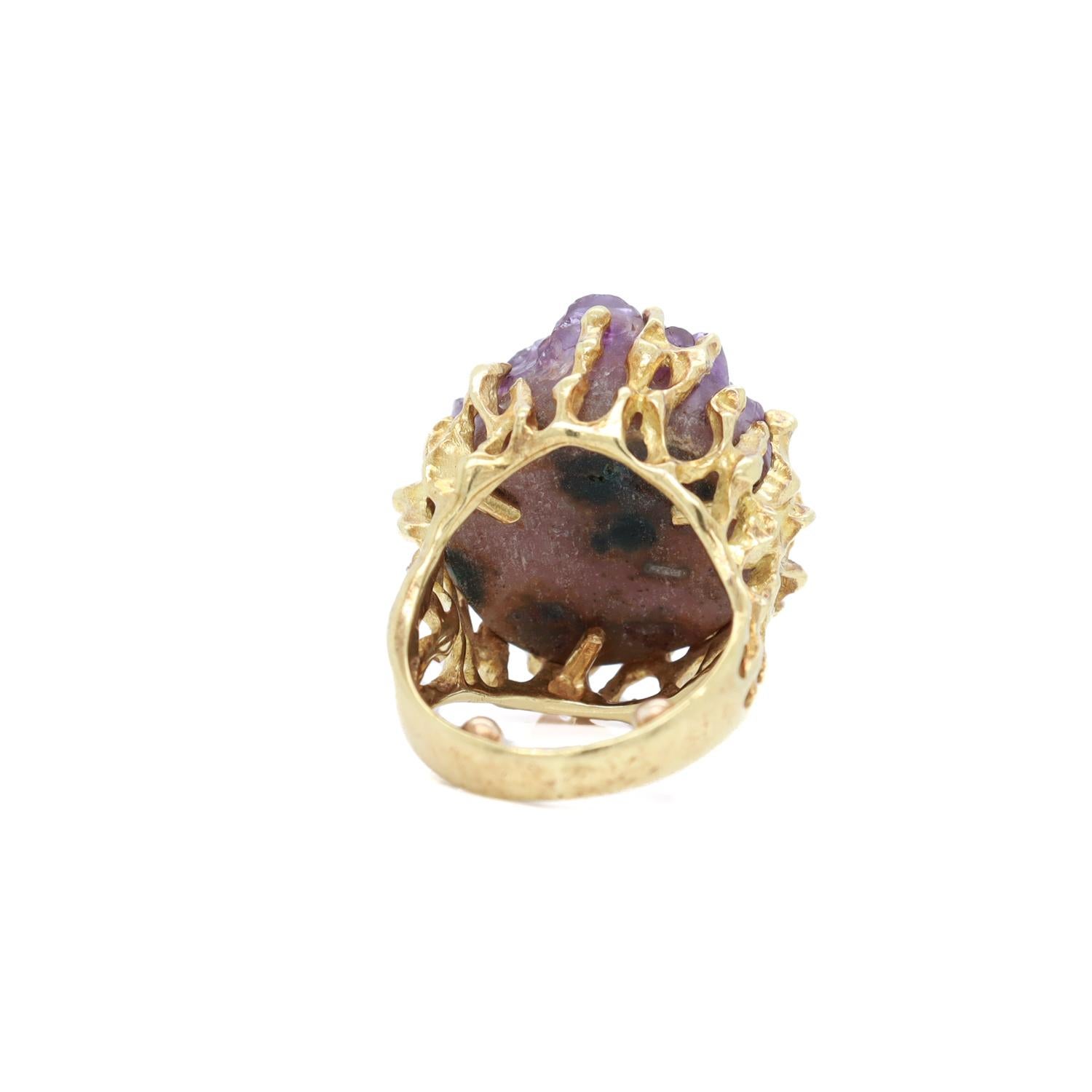 Mid-Century Brutalist 18K Gold & Druzy Amethyst Cocktail Ring For Sale 1