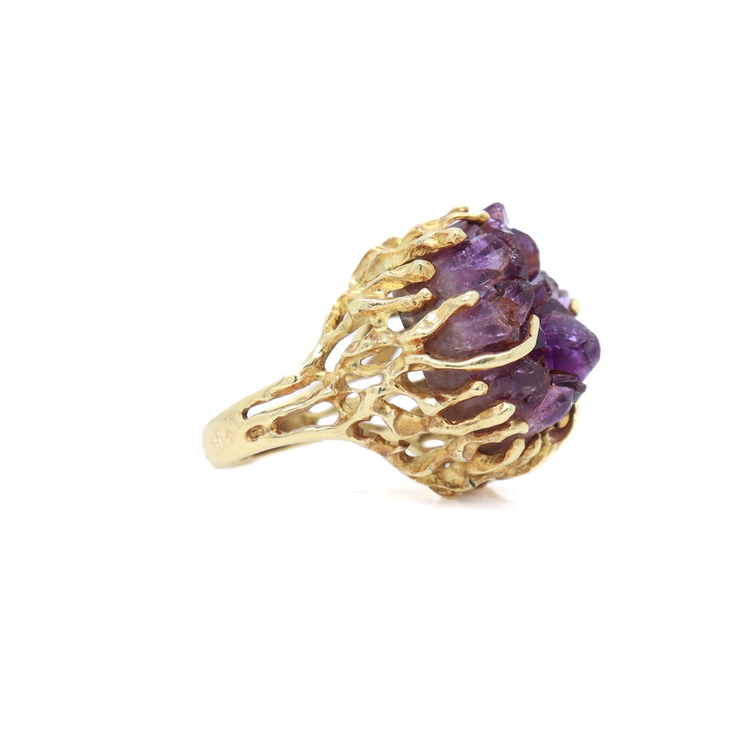 Mid-Century Brutalist 18K Gold & Druzy Amethyst Cocktail Ring For Sale 3