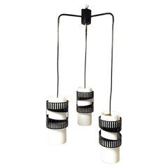 Suspension Brutaliste des années 60 avec 3 Lights en Verre Opalin, Métal et Laiton