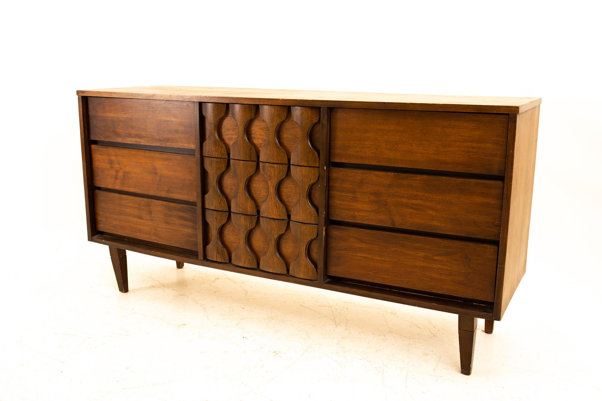 American Midcentury Brutalist 9-Drawer Lowboy Dresser