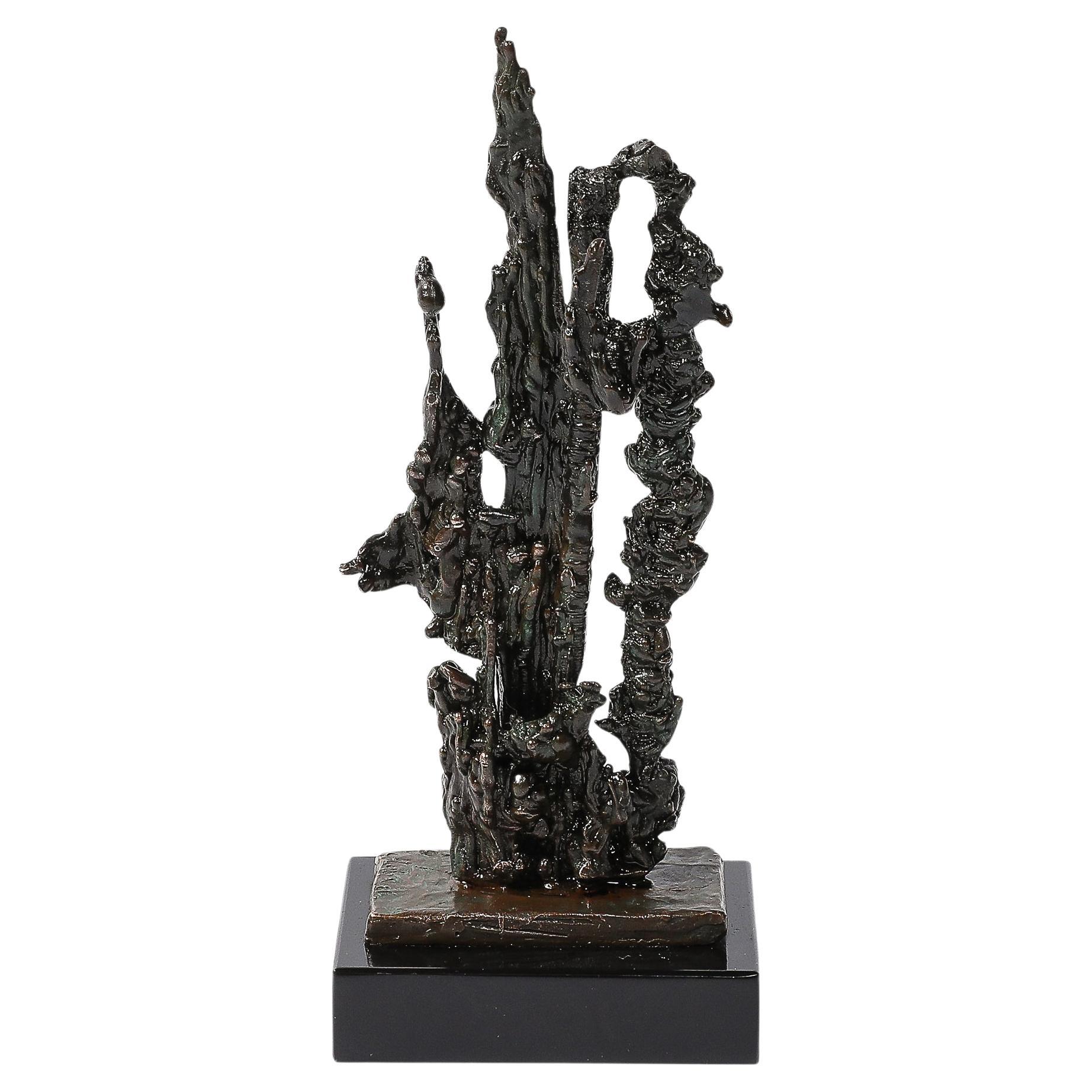 Sculpture abstraite brutaliste du milieu du siècle dernier en bronze organique et marbre signée Marion N