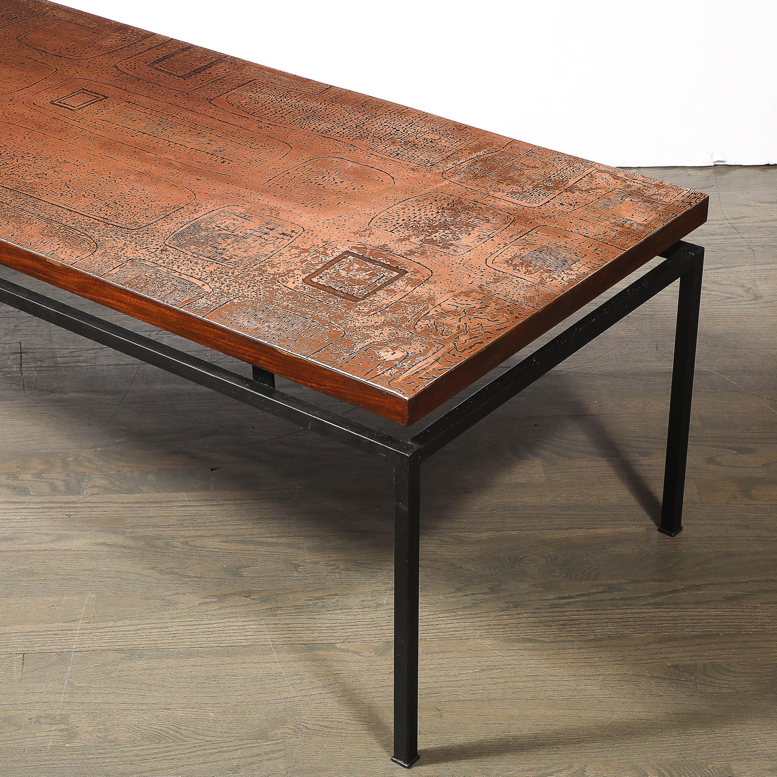 Mid-Century Brutalist Abstract Textural Copper Cocktail Table w/ Black Supports For Sale 4