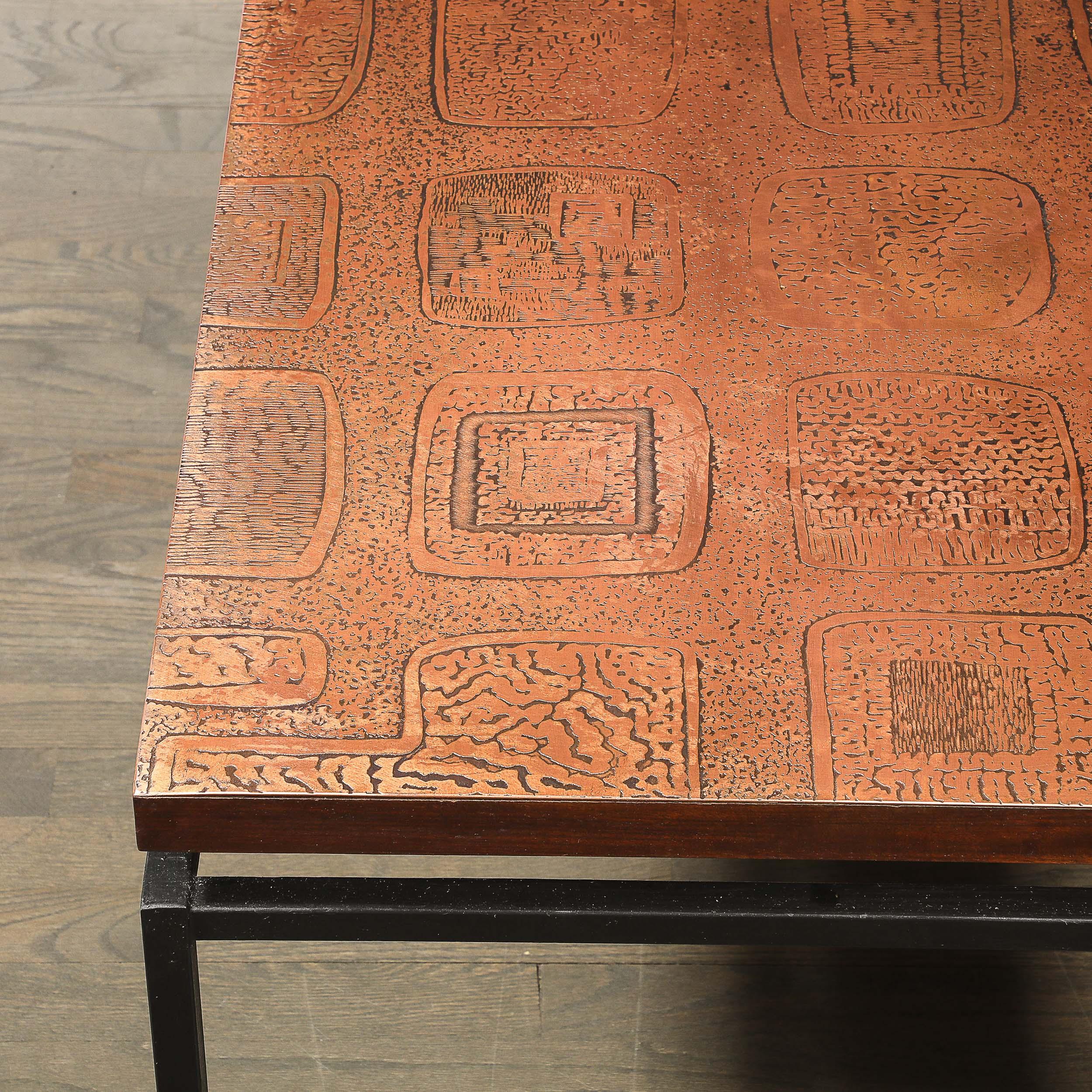 Mid-Century Brutalist Abstract Textural Copper Cocktail Table w/ Black Supports For Sale 7