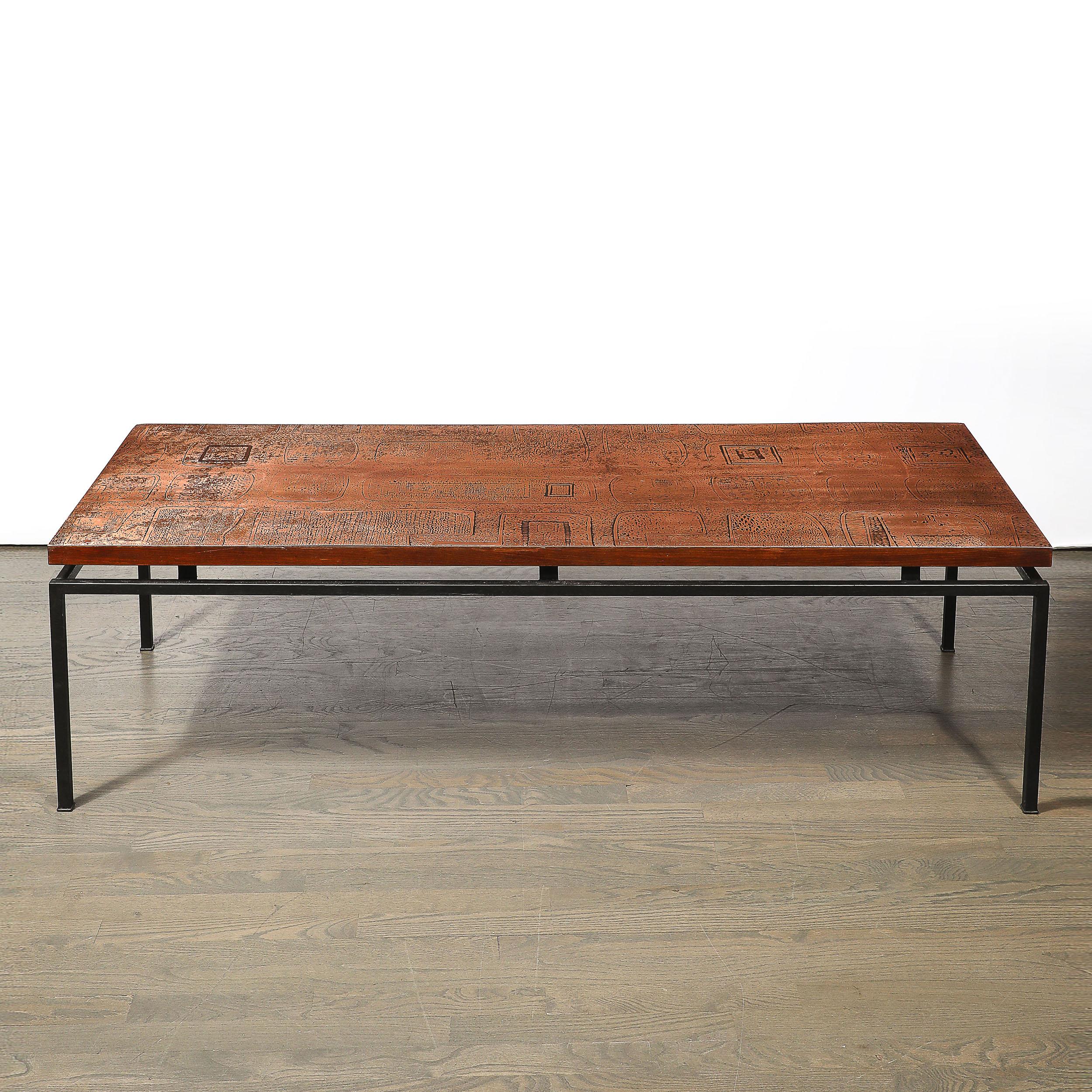 Mid-Century Brutalist Abstract Textural Copper Cocktail Table w/ Black Supports For Sale 9