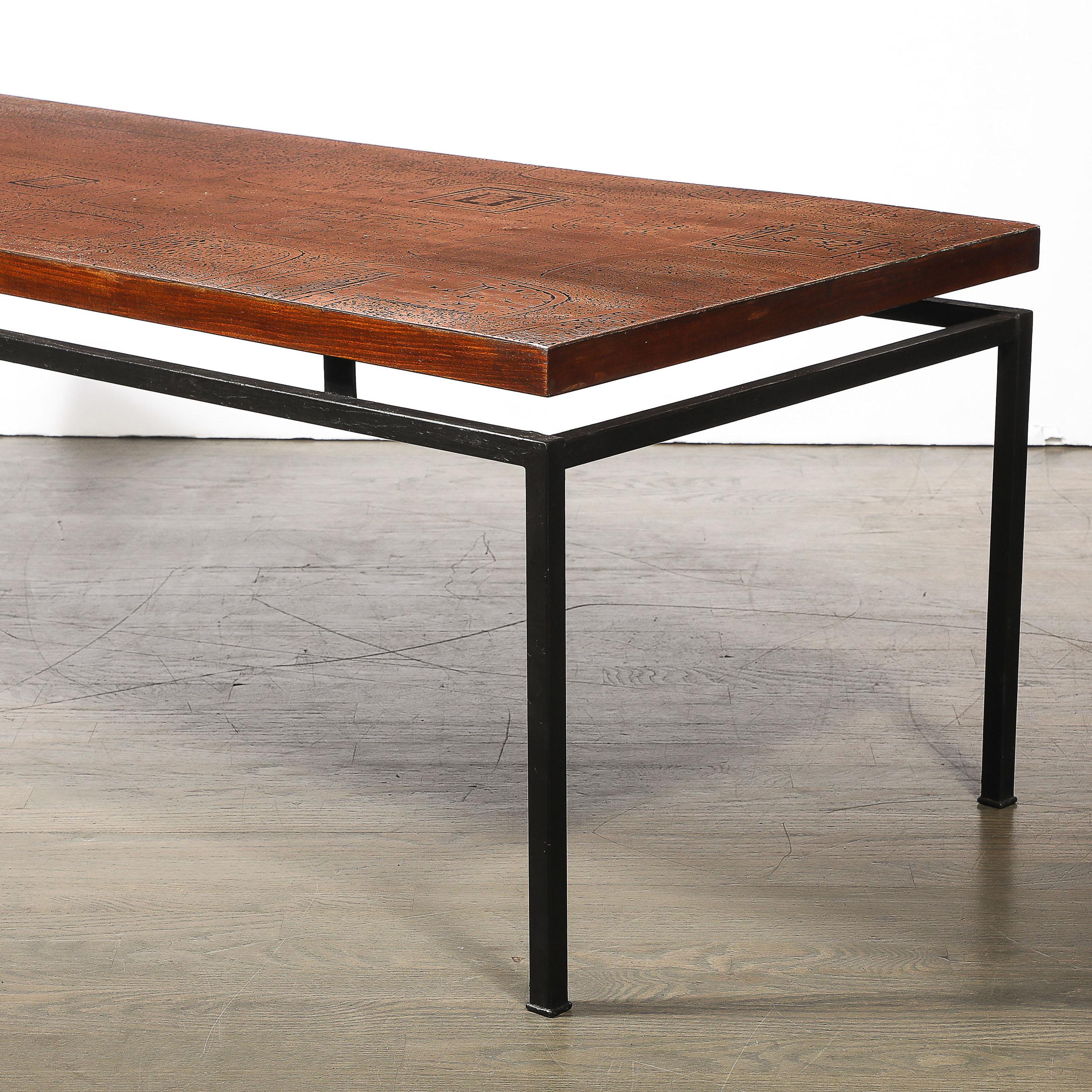American Mid-Century Brutalist Abstract Textural Copper Cocktail Table w/ Black Supports For Sale