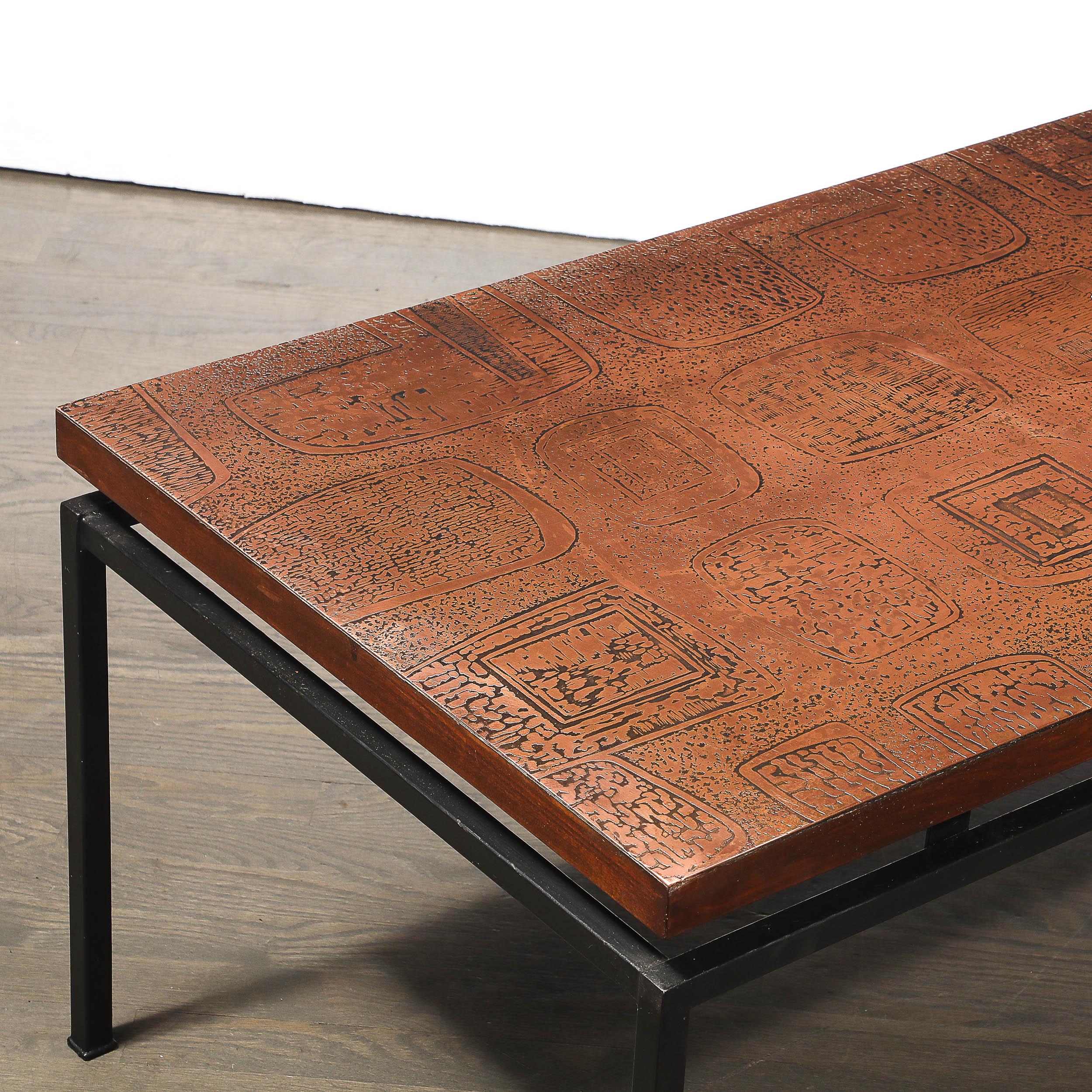 Mid-20th Century Mid-Century Brutalist Abstract Textural Copper Cocktail Table w/ Black Supports For Sale