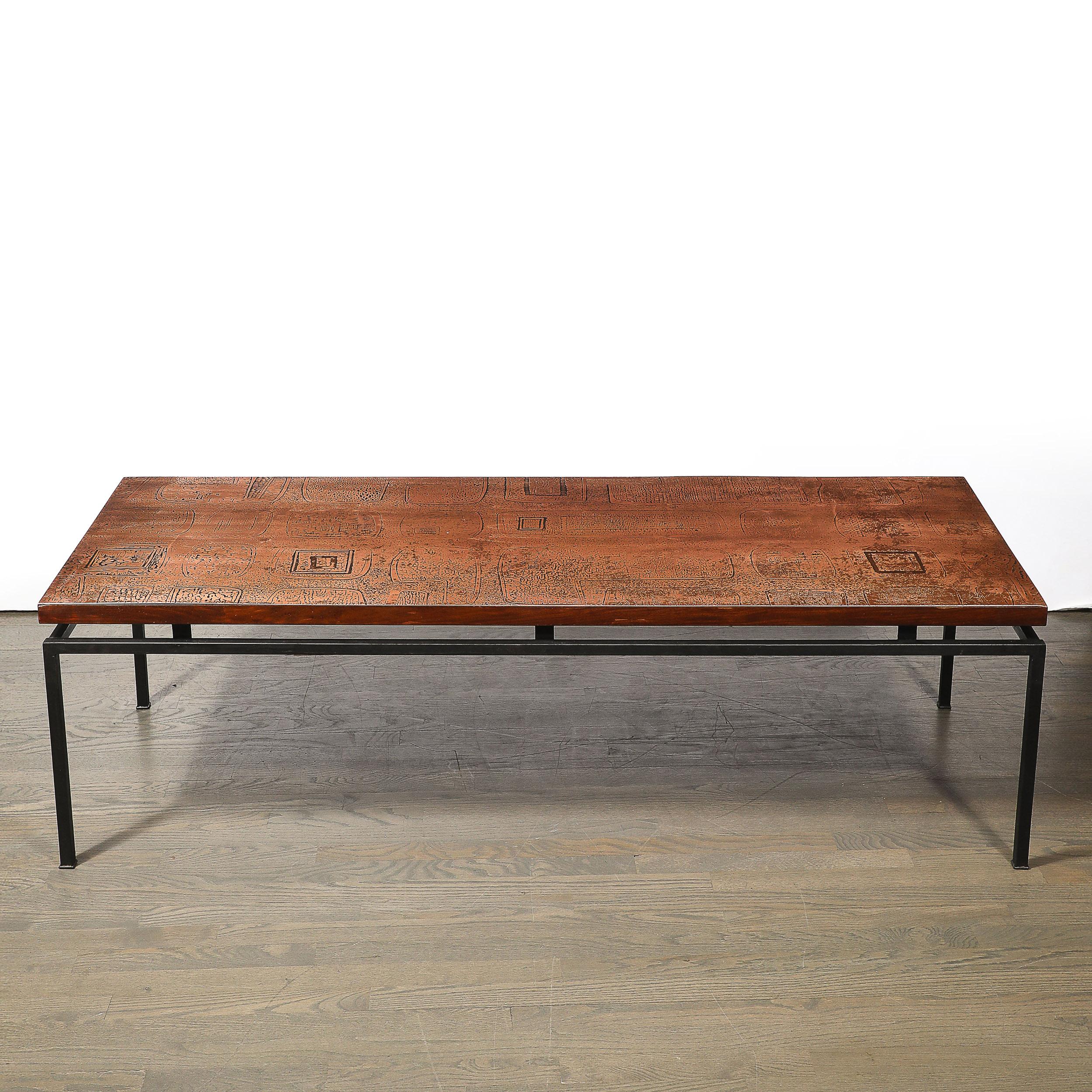 Mid-Century Brutalist Abstract Textural Copper Cocktail Table w/ Black Supports For Sale 2