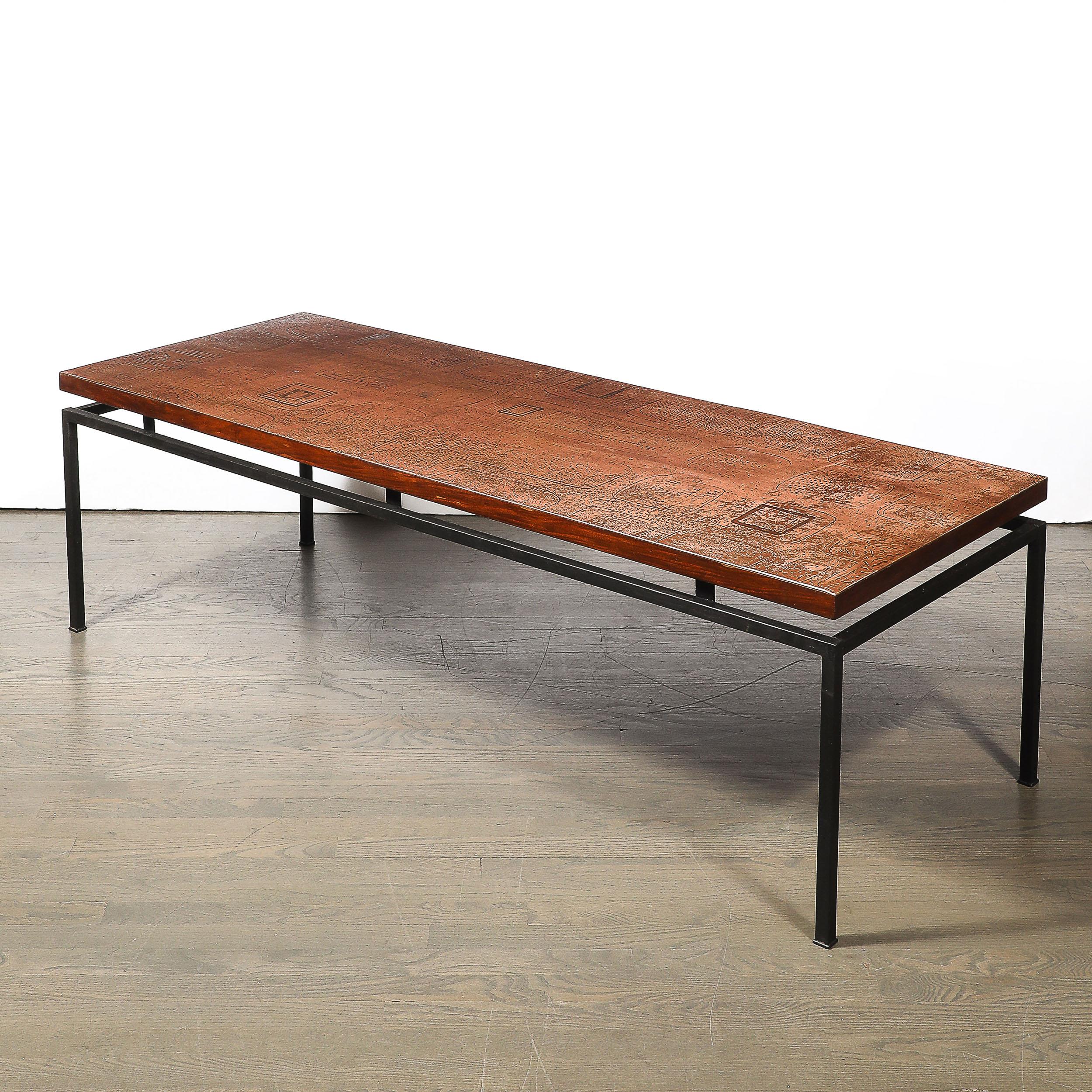 Mid-Century Brutalist Abstract Textural Copper Cocktail Table w/ Black Supports For Sale 3