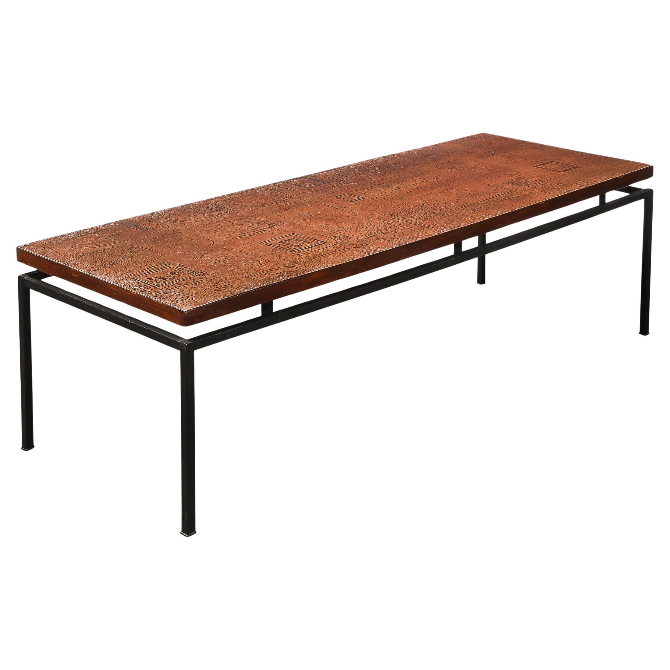 Mid-Century Brutalist Abstract Textural Copper Cocktail Table w/ Black Supports For Sale