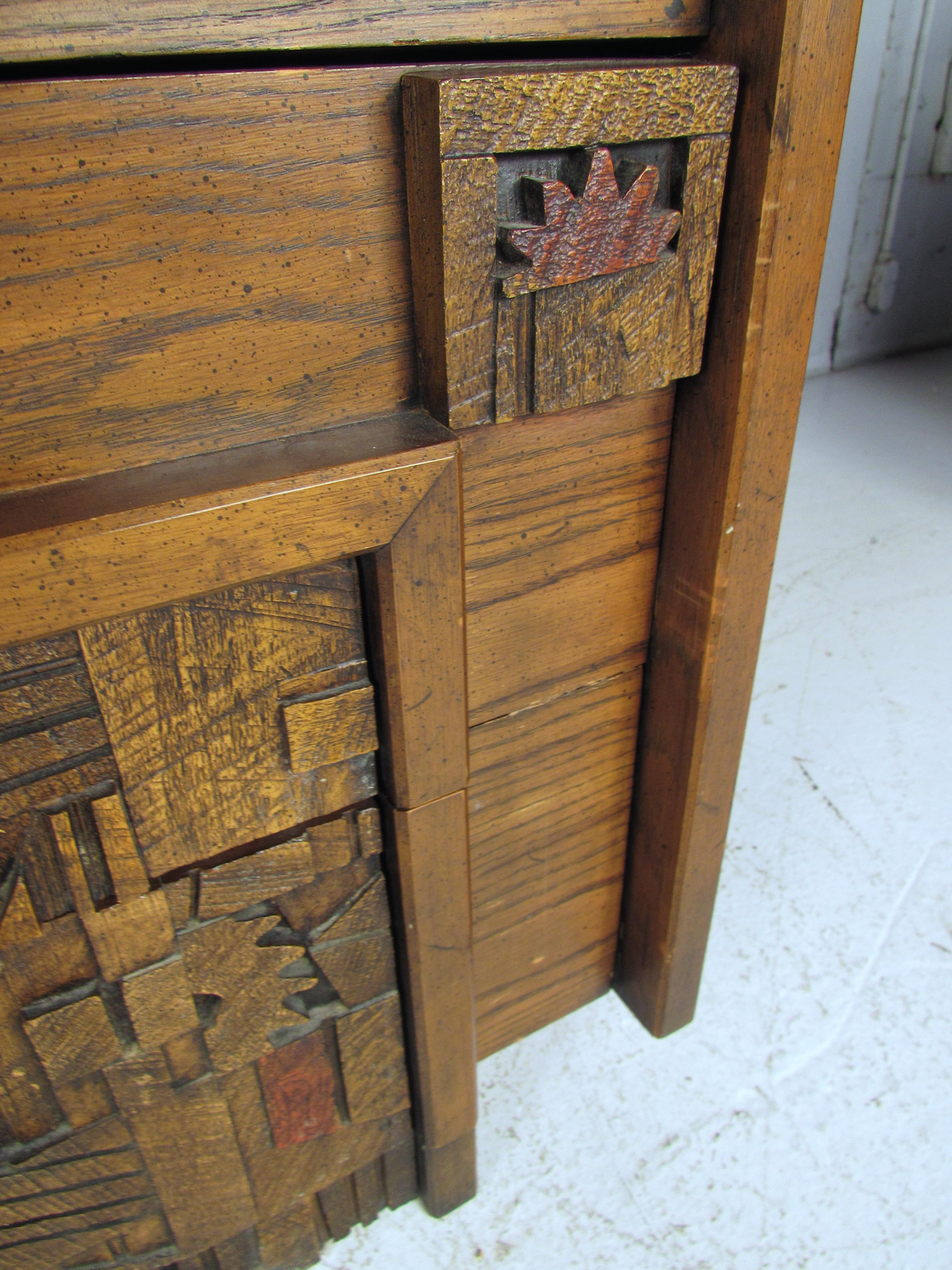 Veneer Mid-Century Brutalist Armoire by Lane For Sale