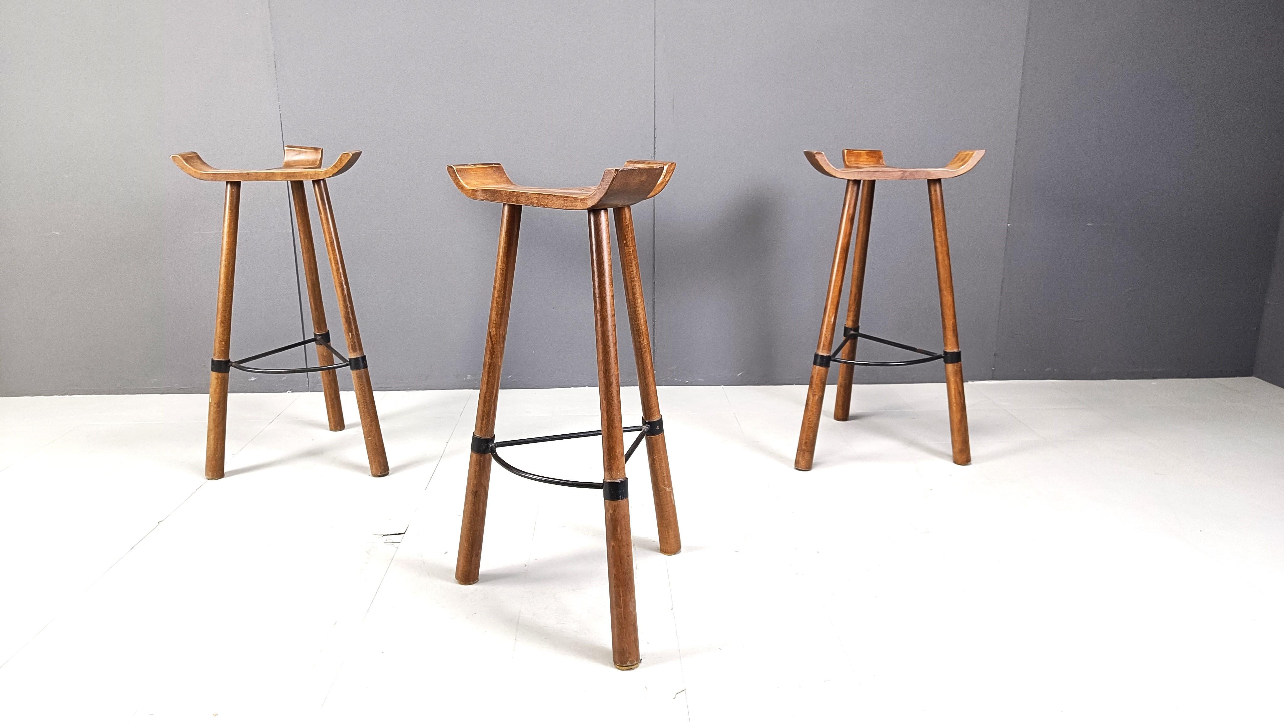 Oak Mid century brutalist bar stools - set of 3, 1960s