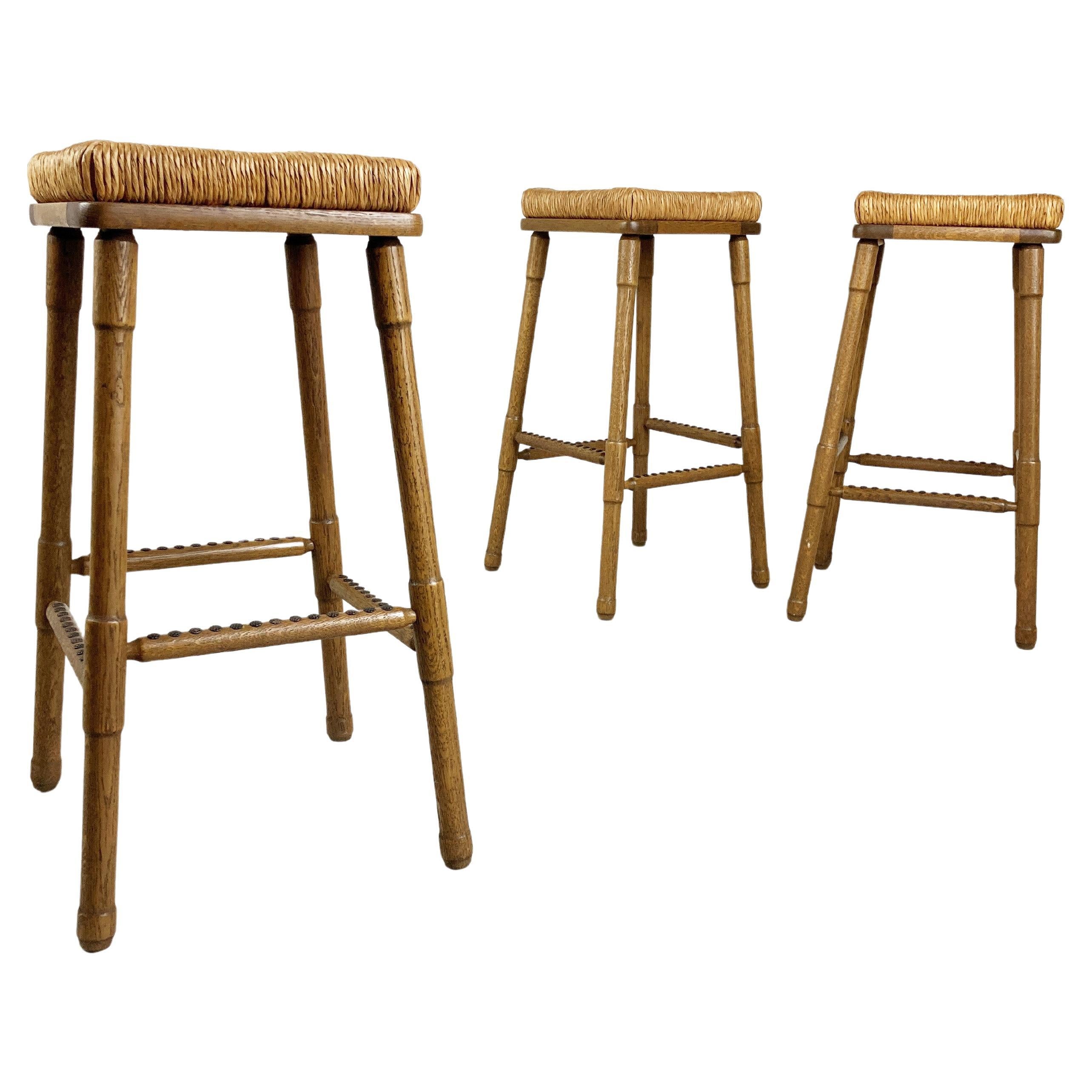 Set of Three 'Marbella' Brutalist Bar Stools with Leather Seating For