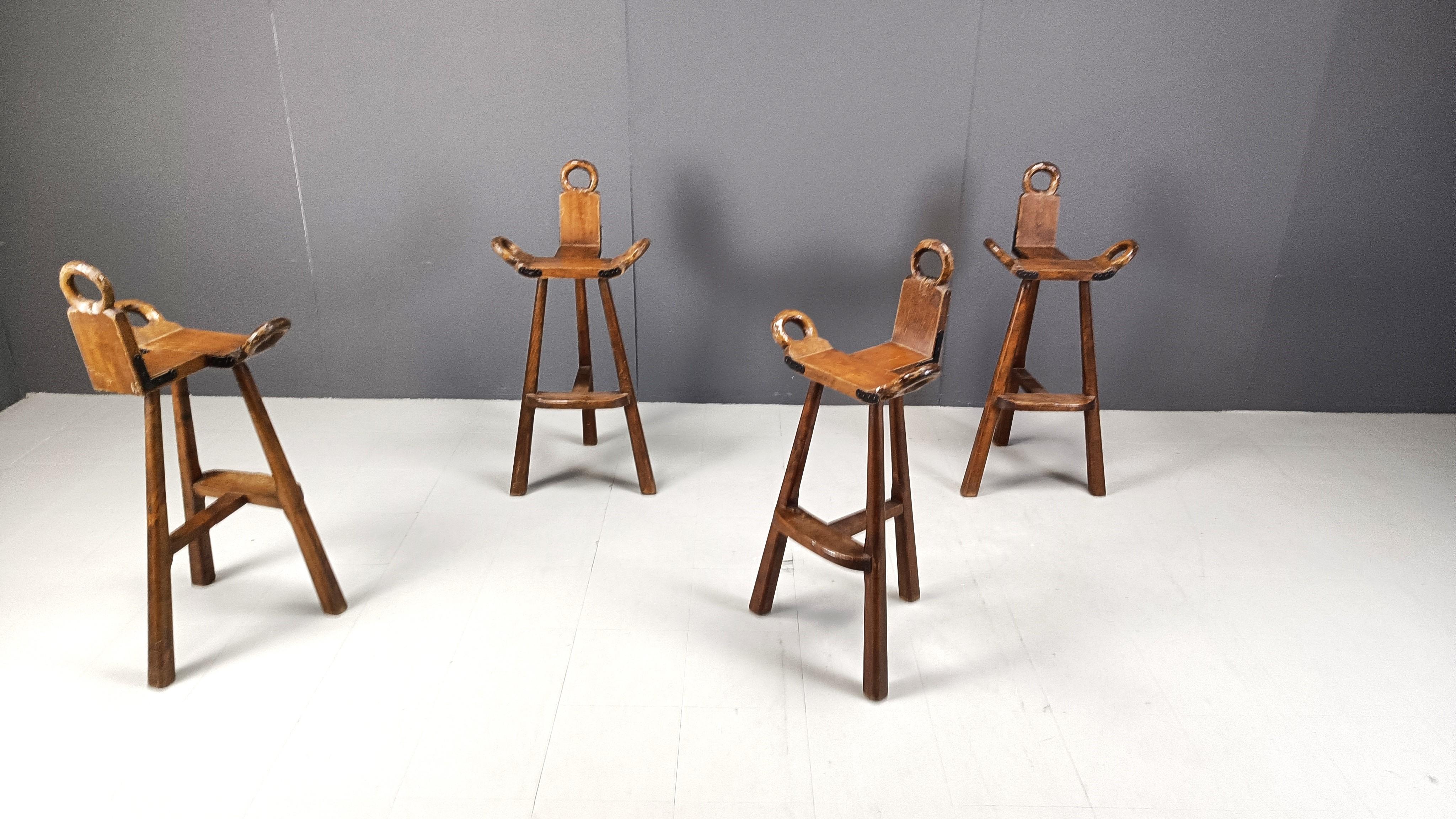 Oak Mid century brutalist bar stools - set of 4, 1960s